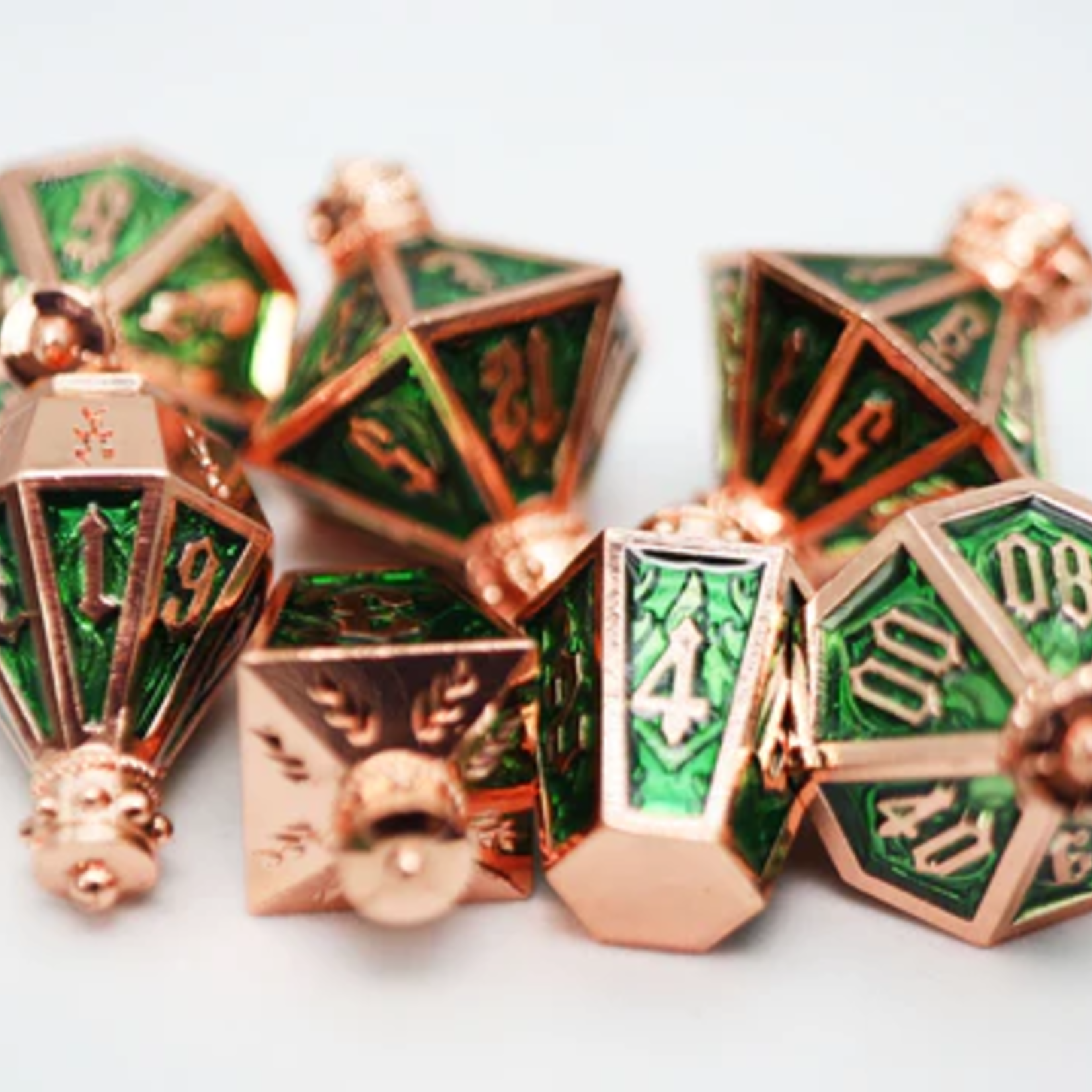Foam Brain Games Moonlit Lantern Coppered Acidfire Metal RPG dice 7 die set