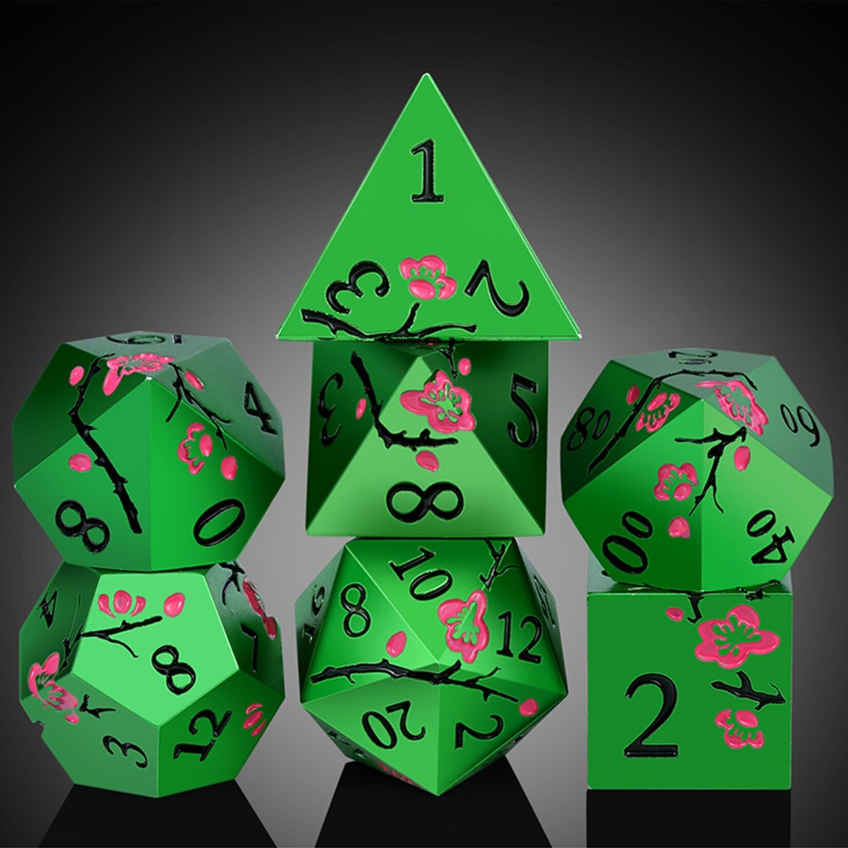 Dice Habit Dice Habit Sakura Green and Pink Metal and Enamel Polyhedral 7 die set