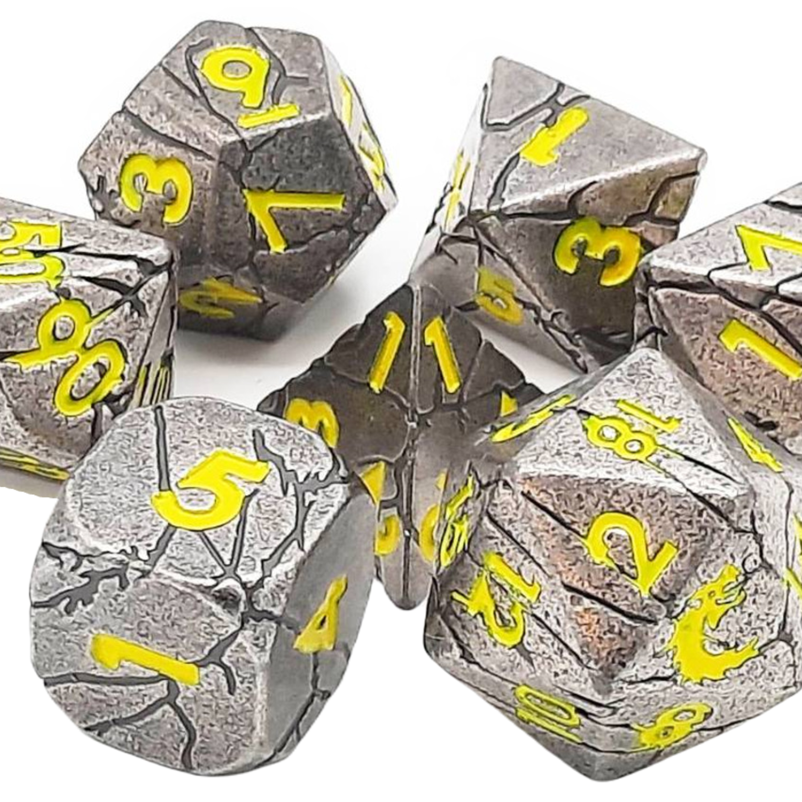 Old School Dice Old School Orc Forged Ancient Silver w/ Yellow Metal RPG Dice 7 die Set