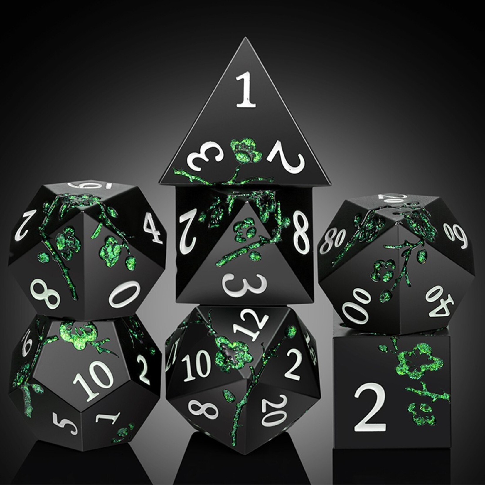 Dice Habit Dice Habit Sakura Black and Green Metal and Enamel Polyhedral 7 die set