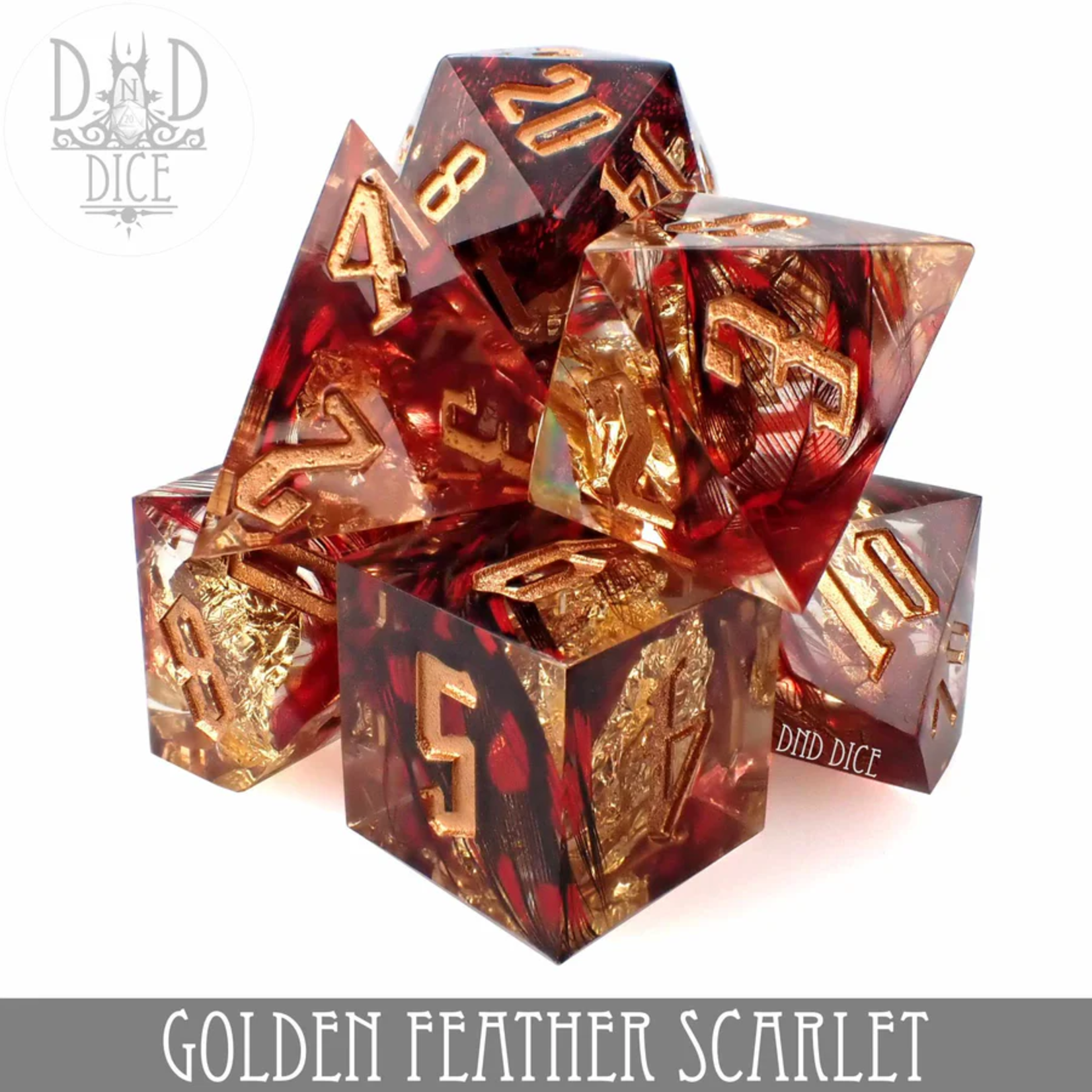 DND Dice DND Dice Handmade Golden Feather Scarlet Polyhedral 7 die set