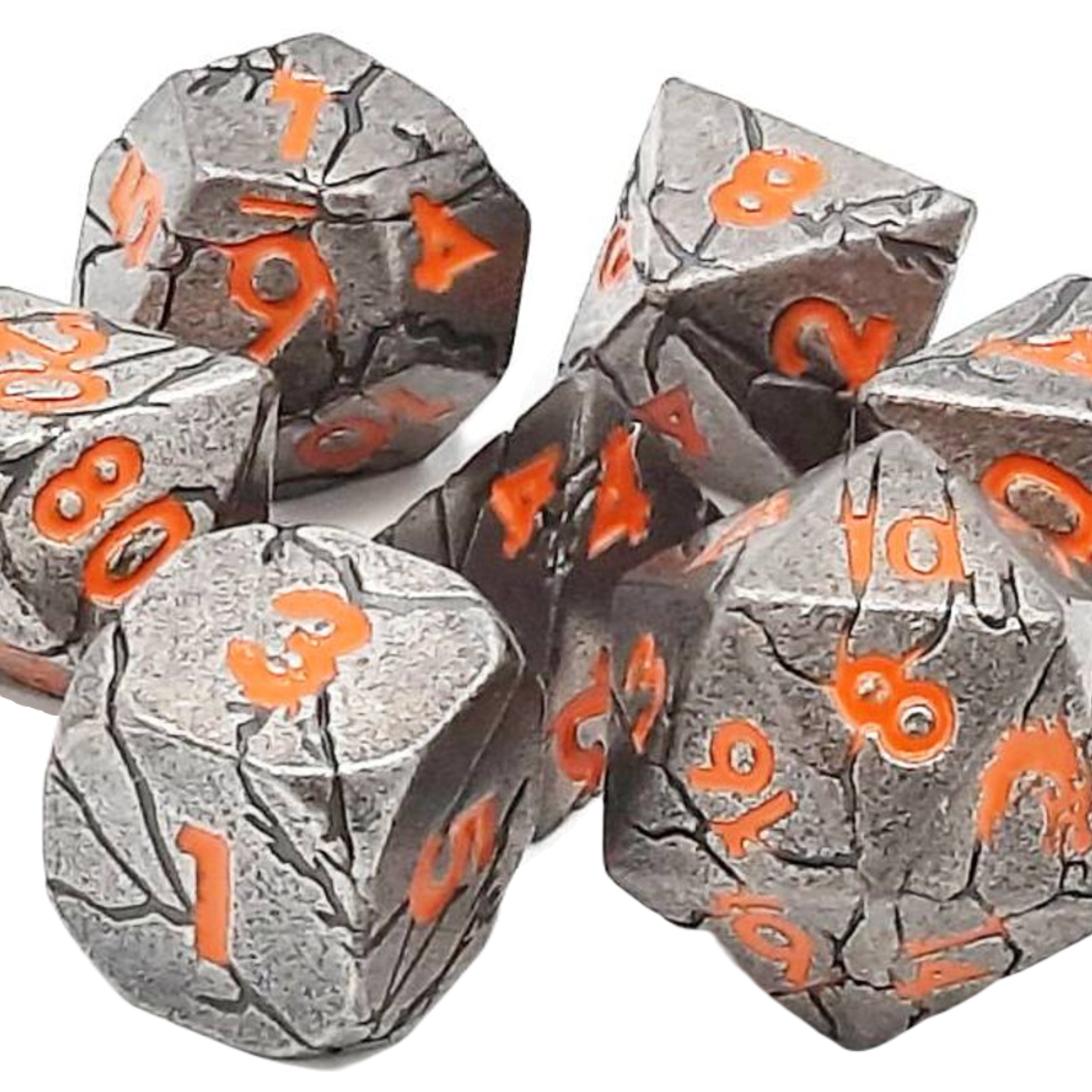 Old School Dice Old School Orc Forged Ancient Silver w/ Orange Metal RPG Dice 7 die Set