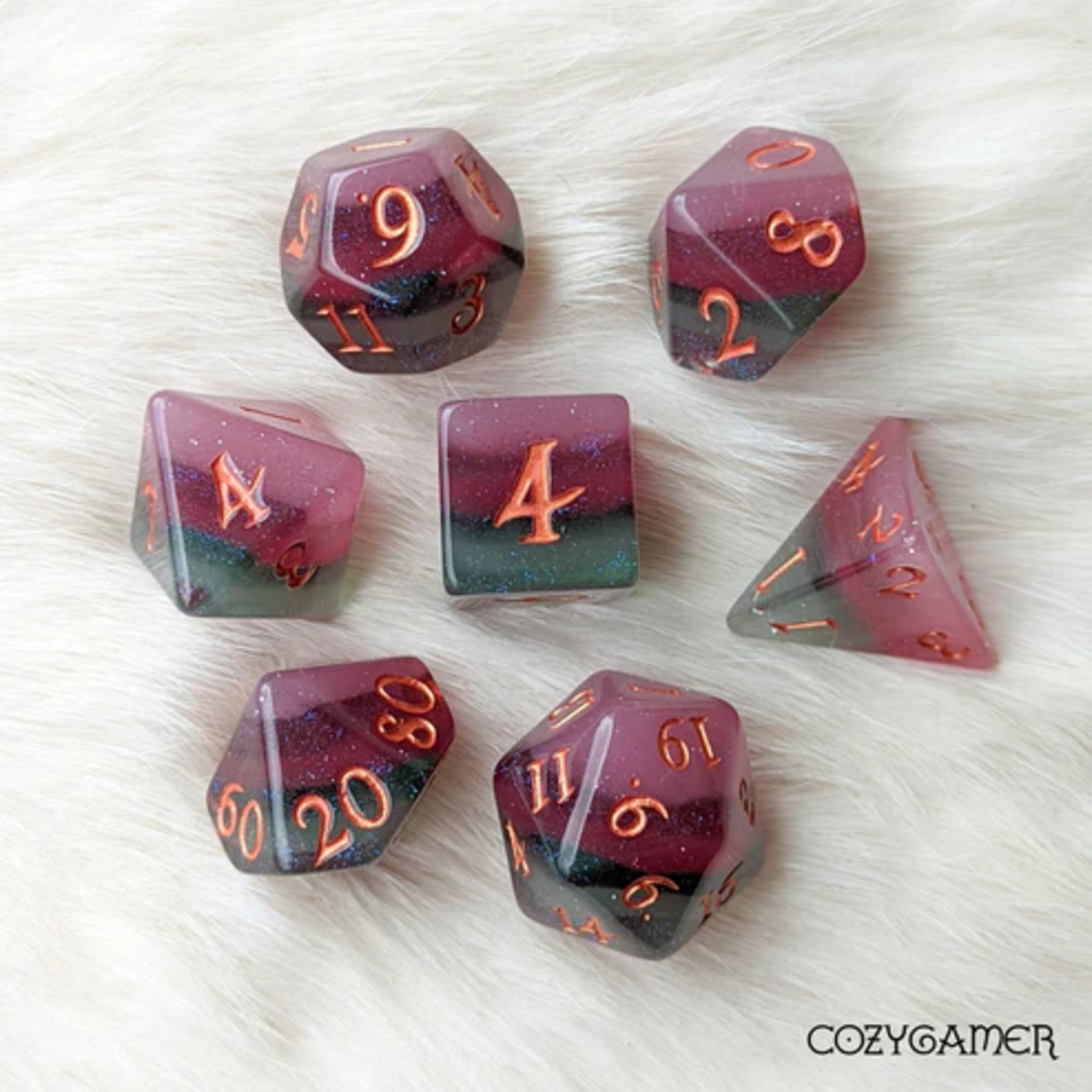 Fennek and Finch Shimmering Fluorite Green and Purple Layered Polyhedral 7 die set