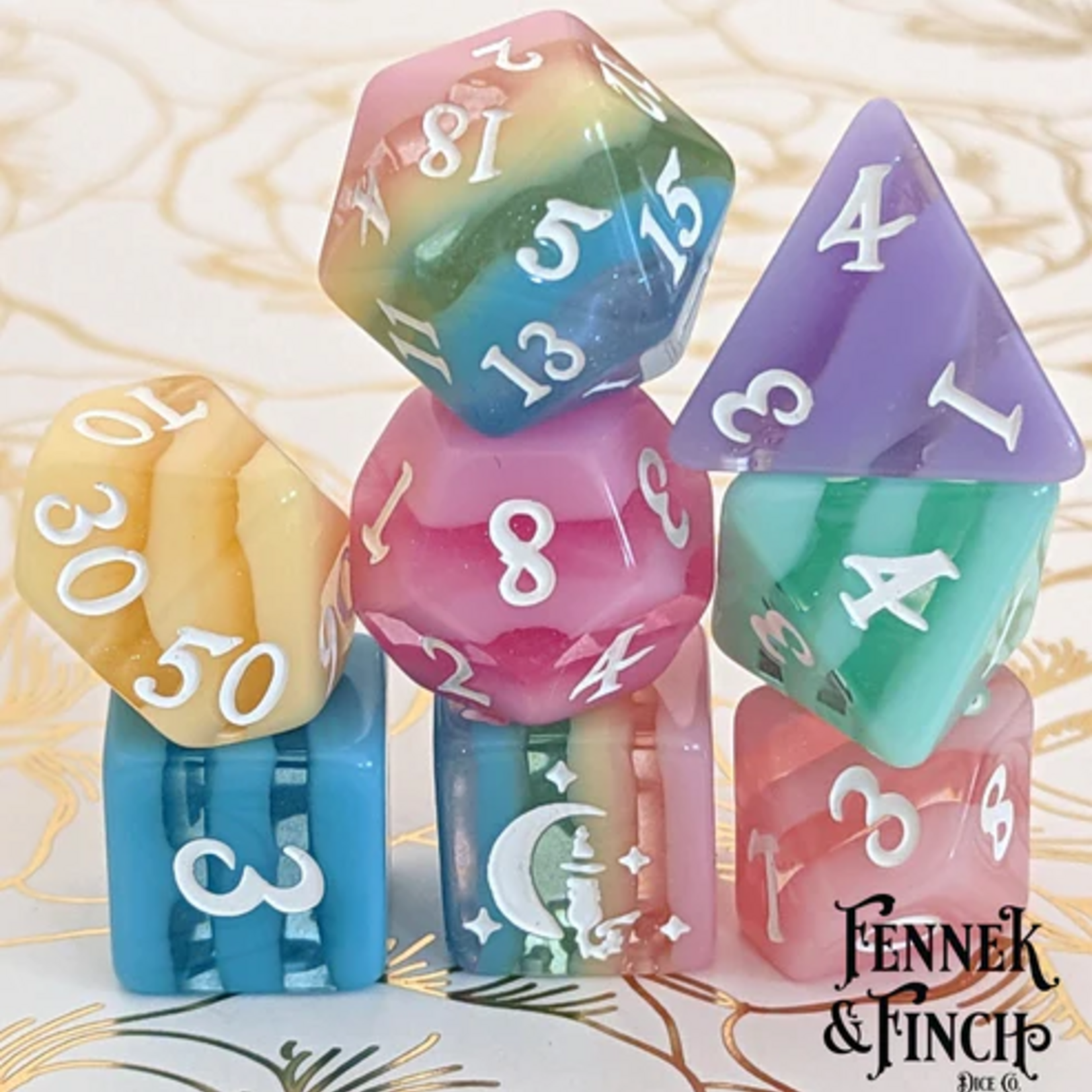 Fennek and Finch Pastel Rainbow Stripe Polyhedral 8 die set