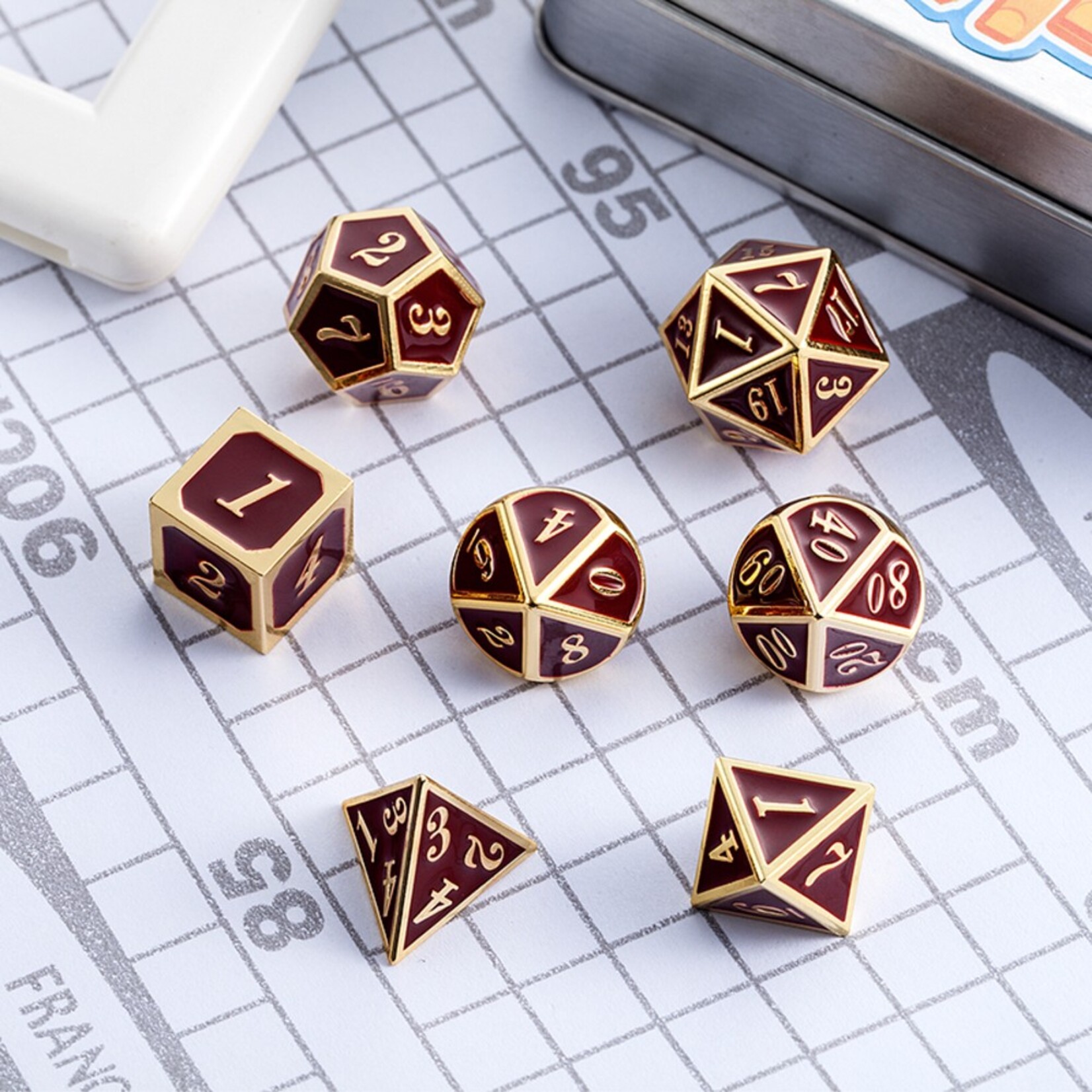 Dice Habit Dice Habit Maroon Red with Gold Metal Polyhedral 7 die set
