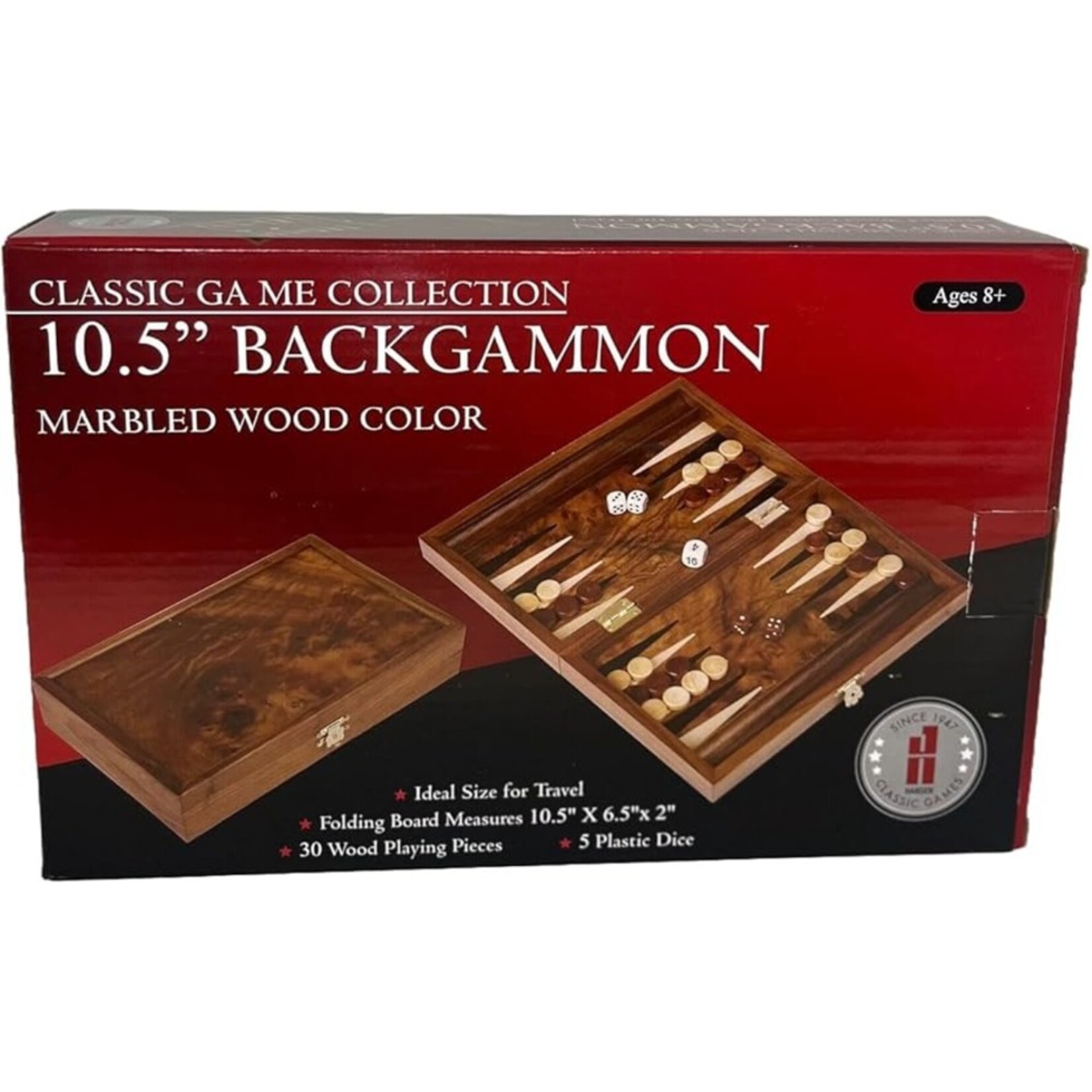 John Hansen Classic Game Collection Backgammon 10.5 in Marbled Wood Color