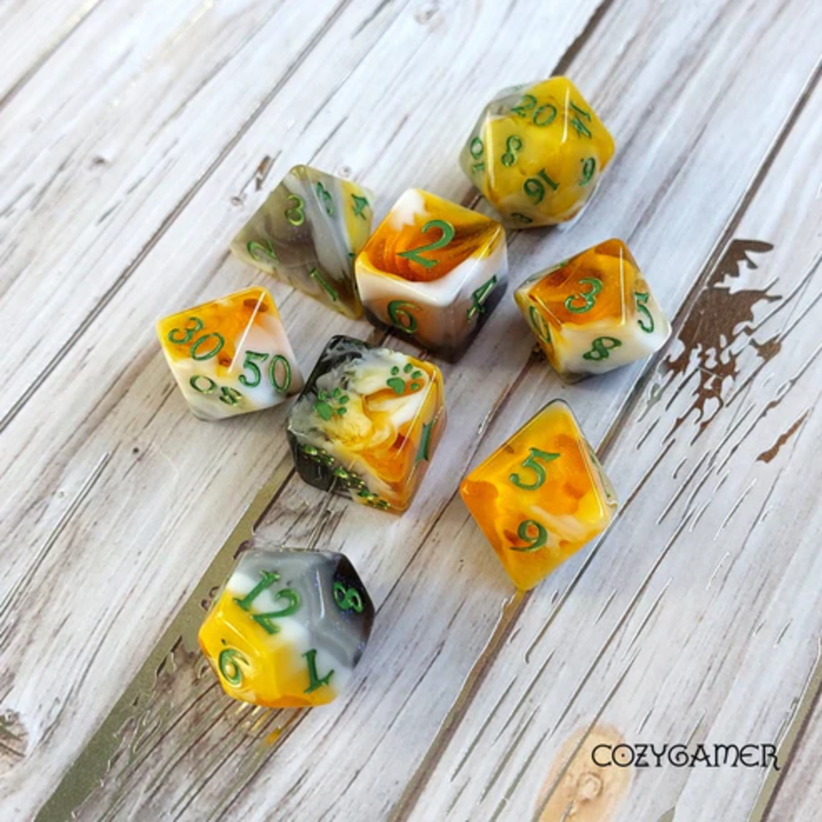 Fennek and Finch Calico Cat Marbled Orange Black White Polyhedral 8 die set