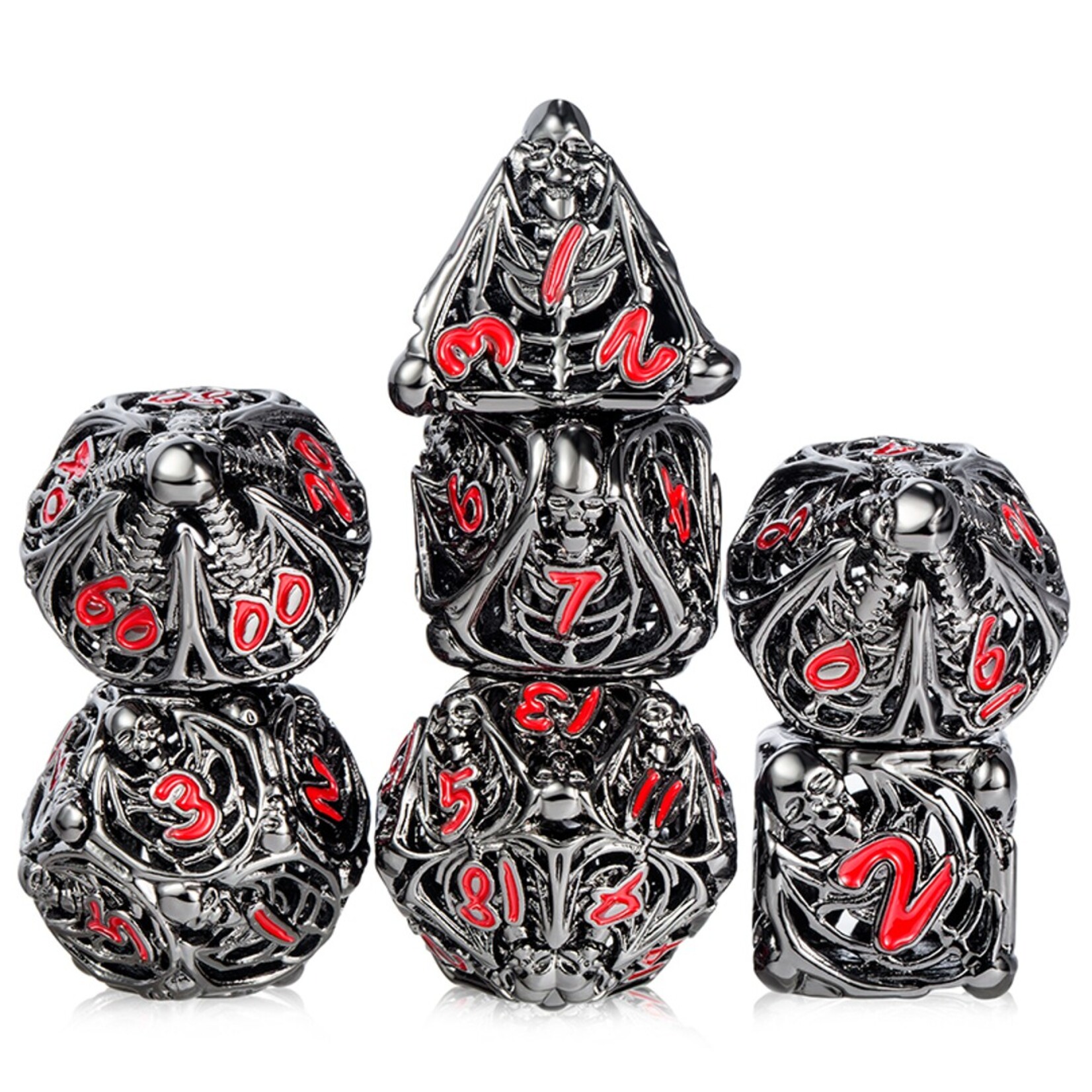 Dice Habit Dice Habit Hollow Dice Set Skeleton Gunmetal and Red Polyhedral 7 die set