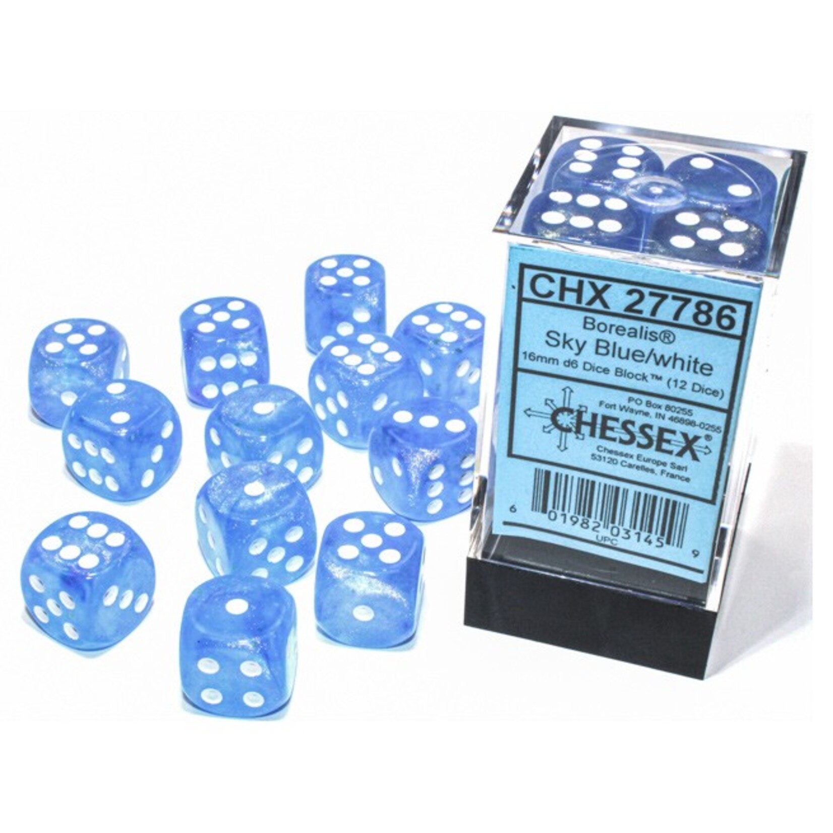 Chessex Chessex Borealis Sky Blue with White Luminary 16 mm d6 12 die set