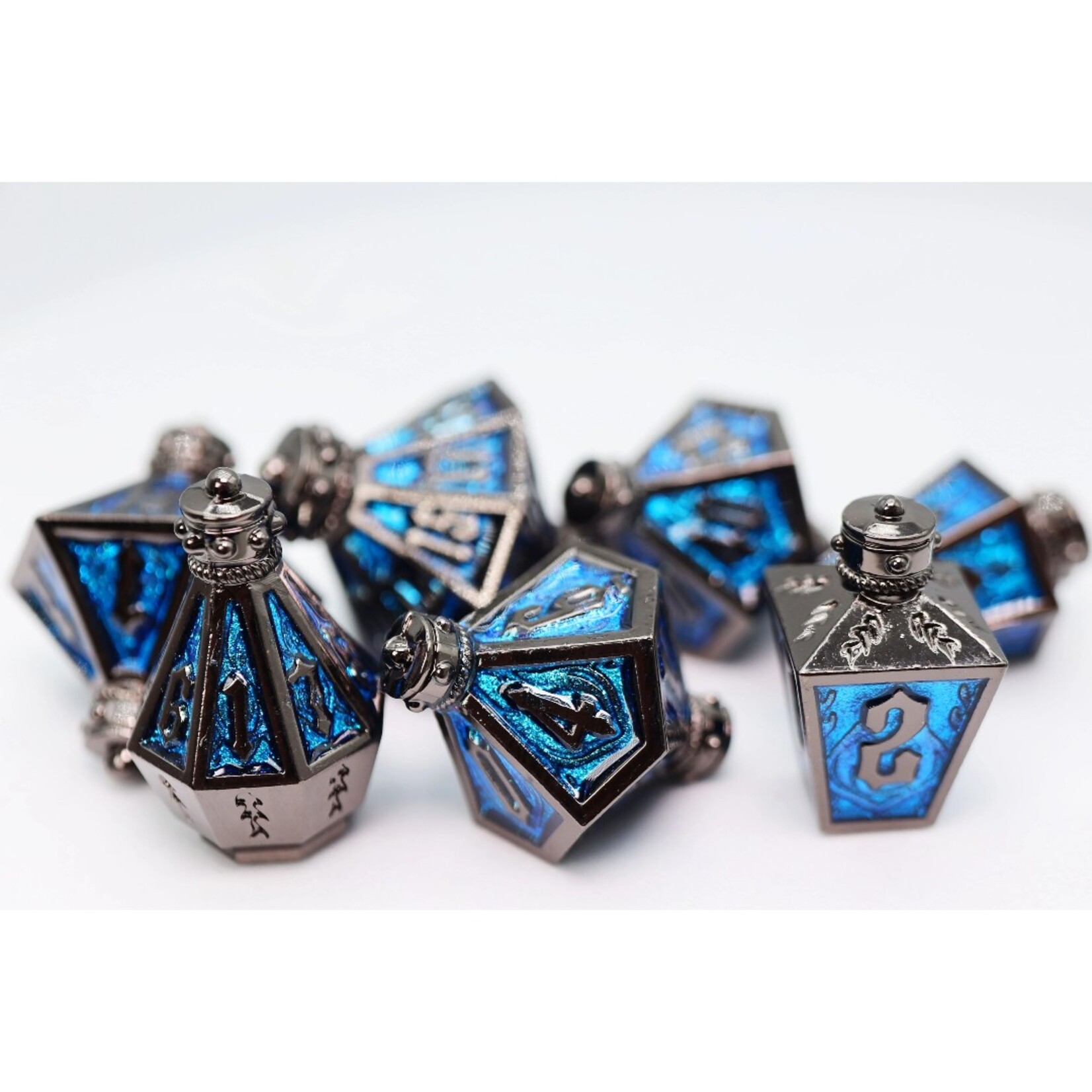 Foam Brain Games Moonlit Lantern Midnight Frostfire Metal RPG dice 7 die set