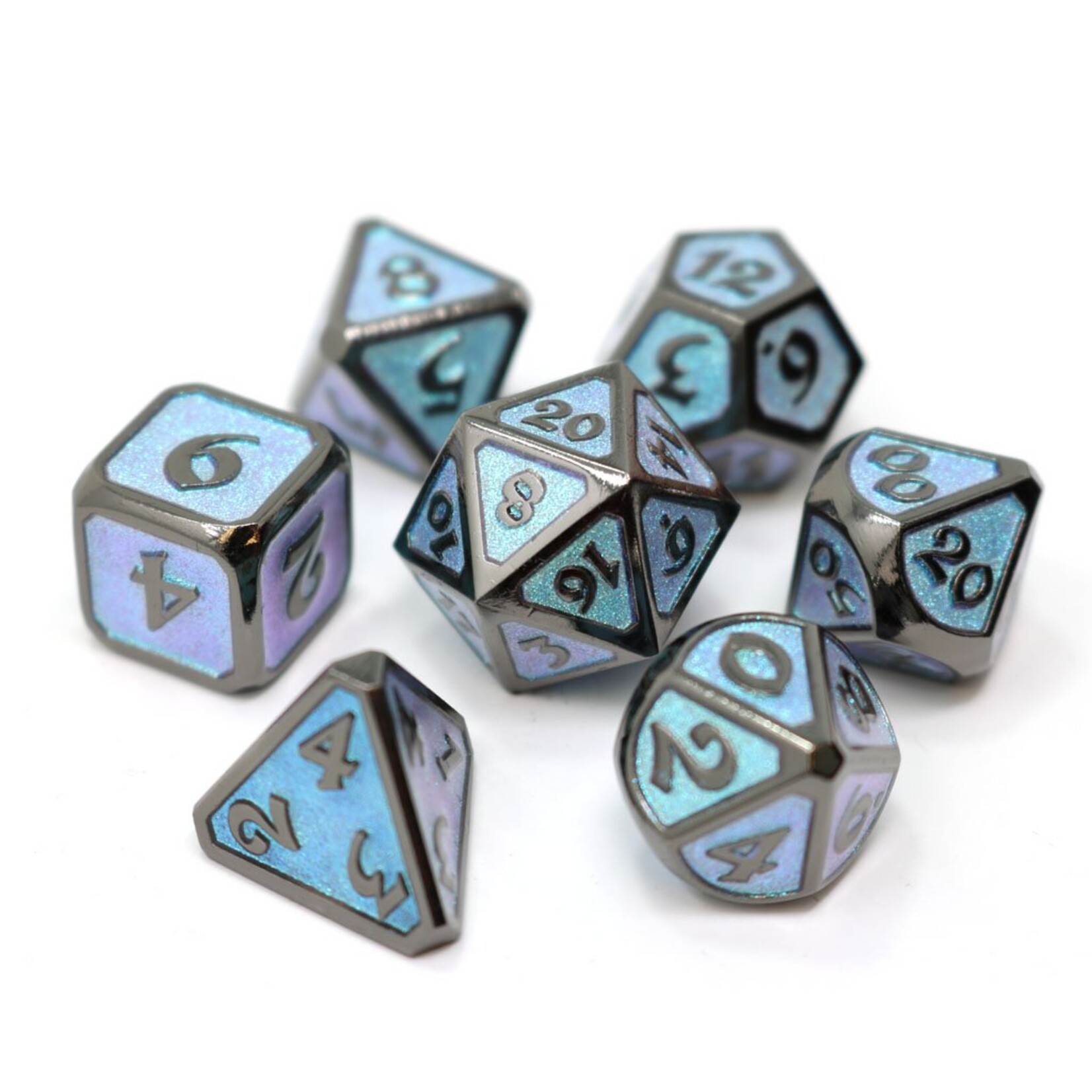Die Hard Dice Die Hard Mythica Dreamscape Winters Embrace Light Blue with Black Metal Polyhedral 7 die set