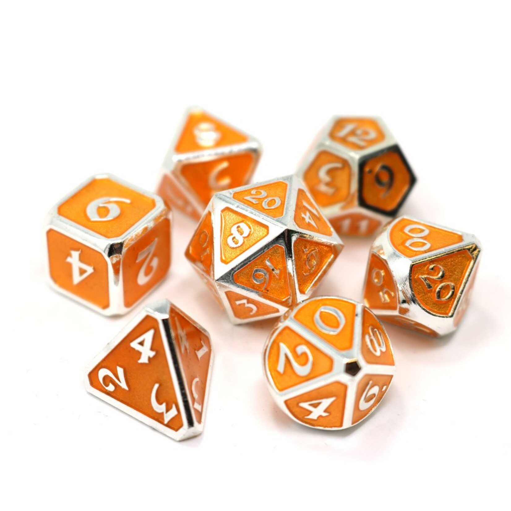 Die Hard Dice Die Hard Mythica Citrine Orange with Platinum Metal Polyhedral 7 die set