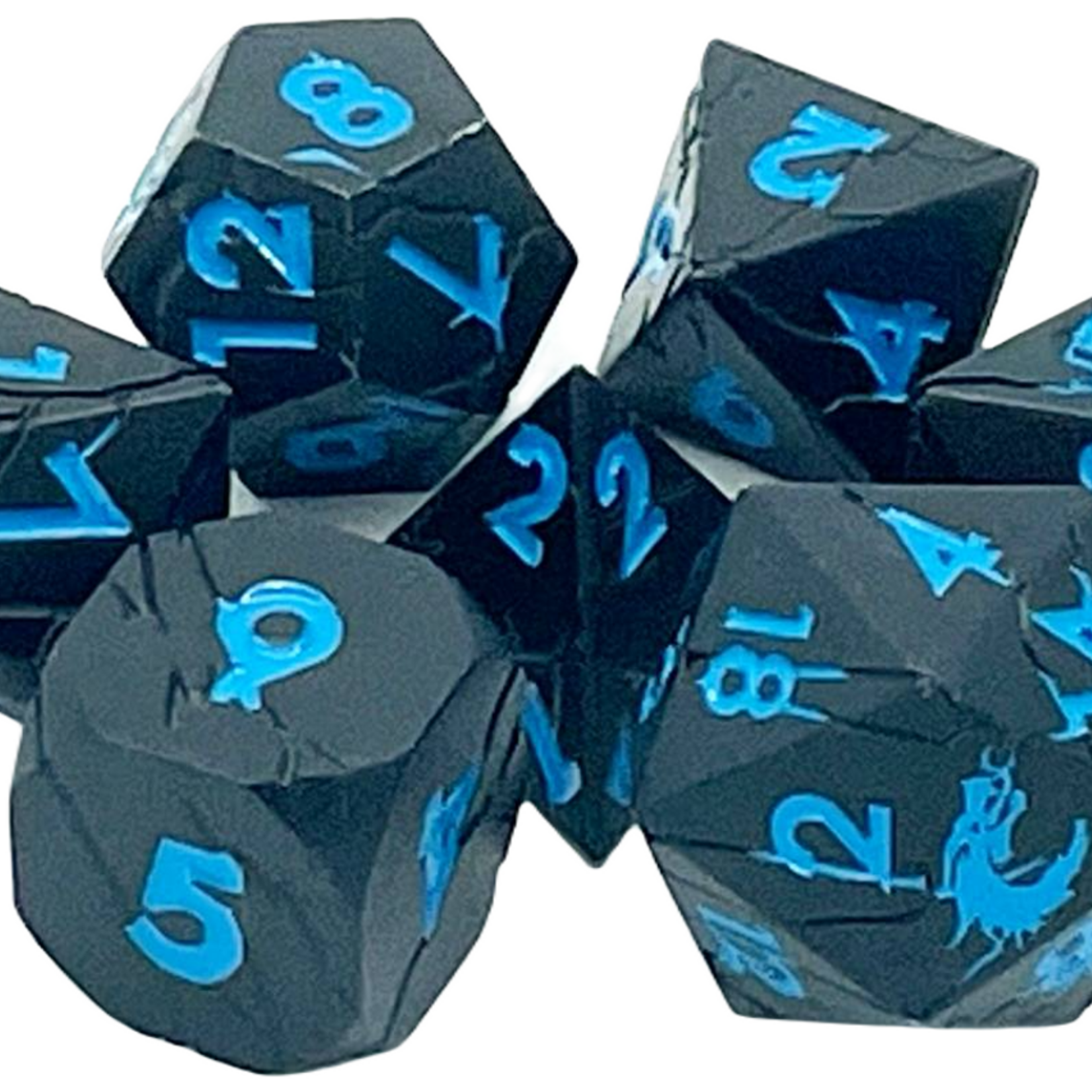 Old School Dice Old School Orc Forged Matte Black w/ Blue Metal RPG Dice 7 die Set