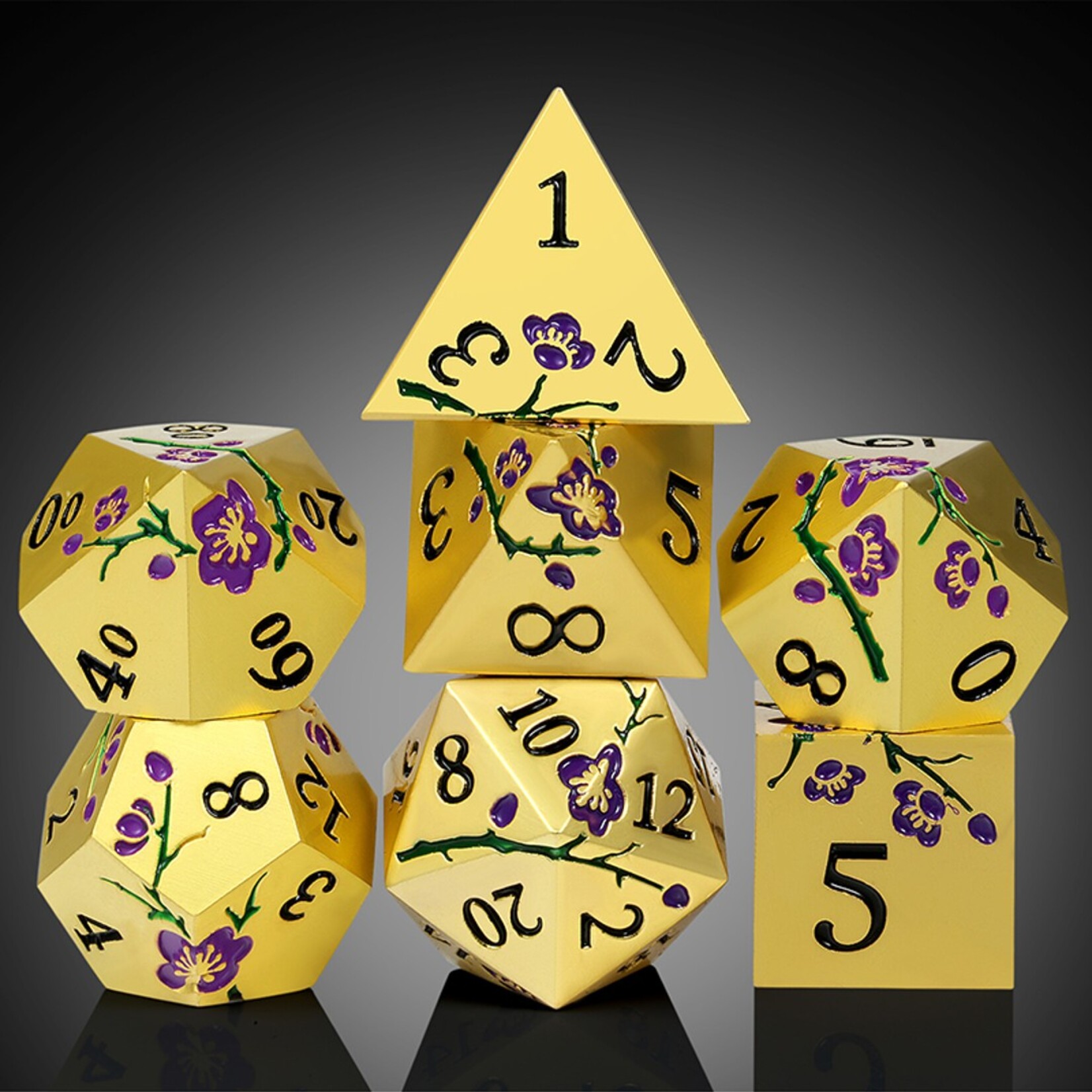 Dice Habit Dice Habit Sakura Gold and Purple Metal and Enamel Polyhedral 7 die set