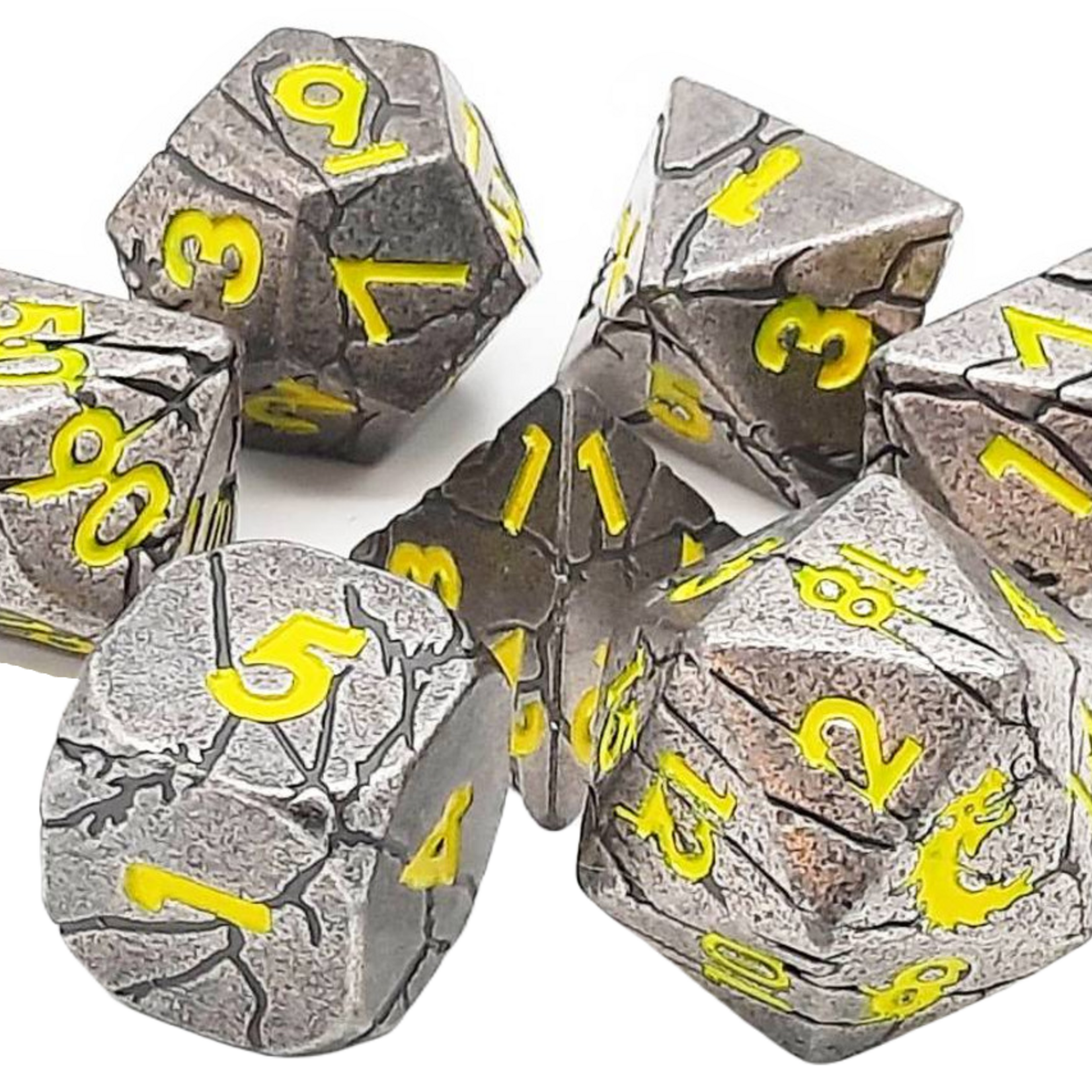 Old School Dice Old School Orc Forged Ancient Silver w/ Yellow Metal RPG Dice 7 die Set
