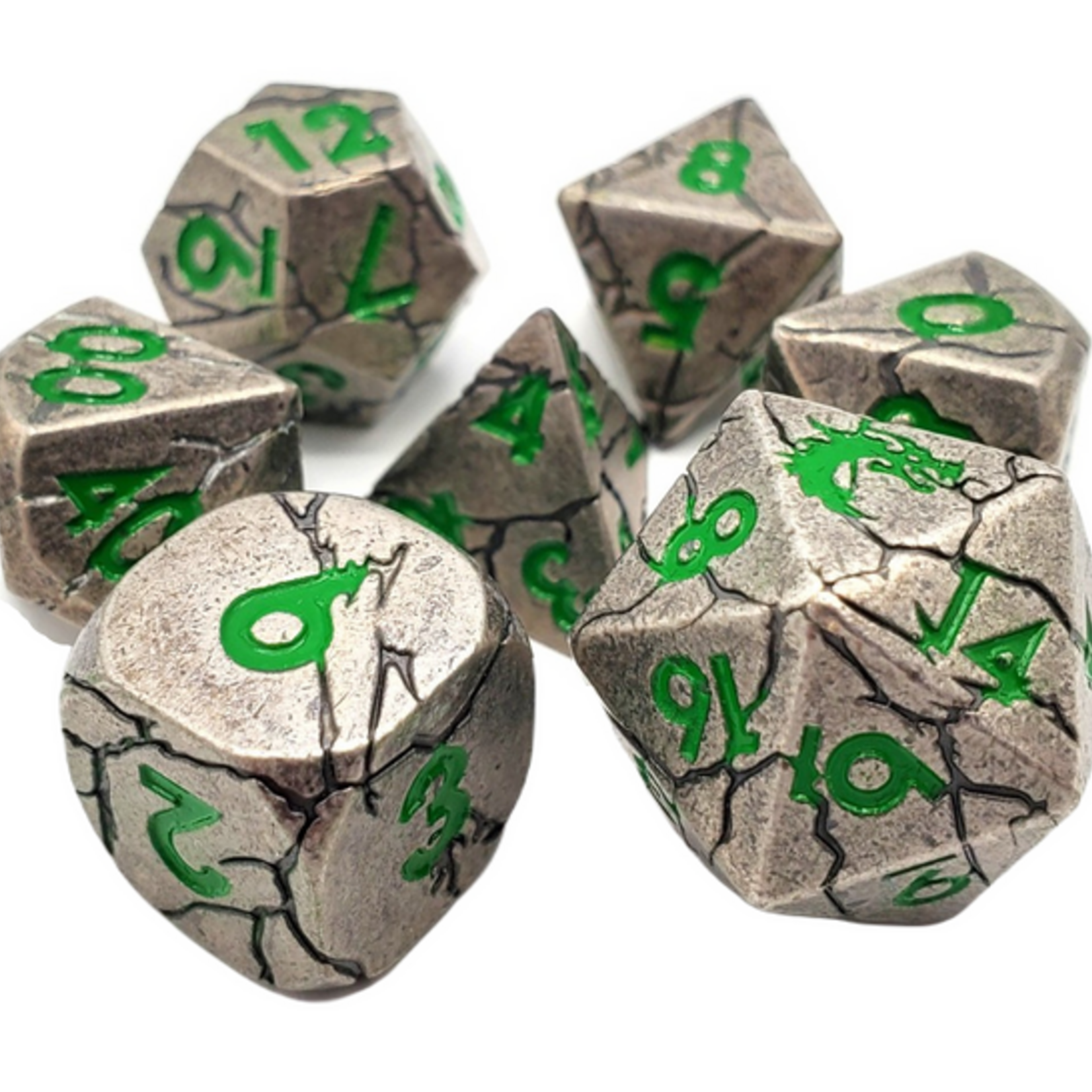 Old School Dice Old School Orc Forged Ancient Silver w/ Green Metal RPG Dice 7 die Set