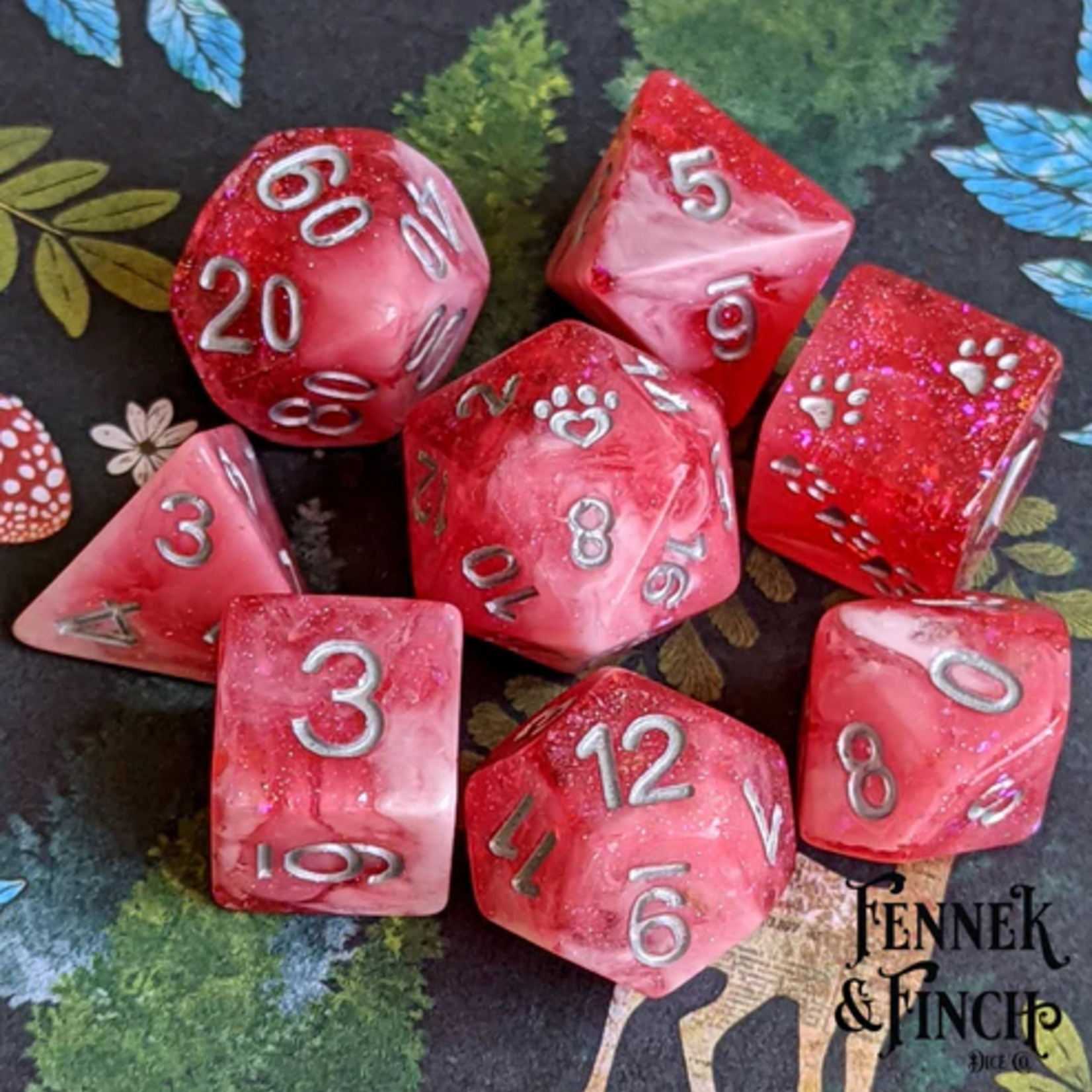 Fennek and Finch Red Dahlia Clear Red Glitter Foil White Marbled Cat Wizard Polyhedral 8 die set