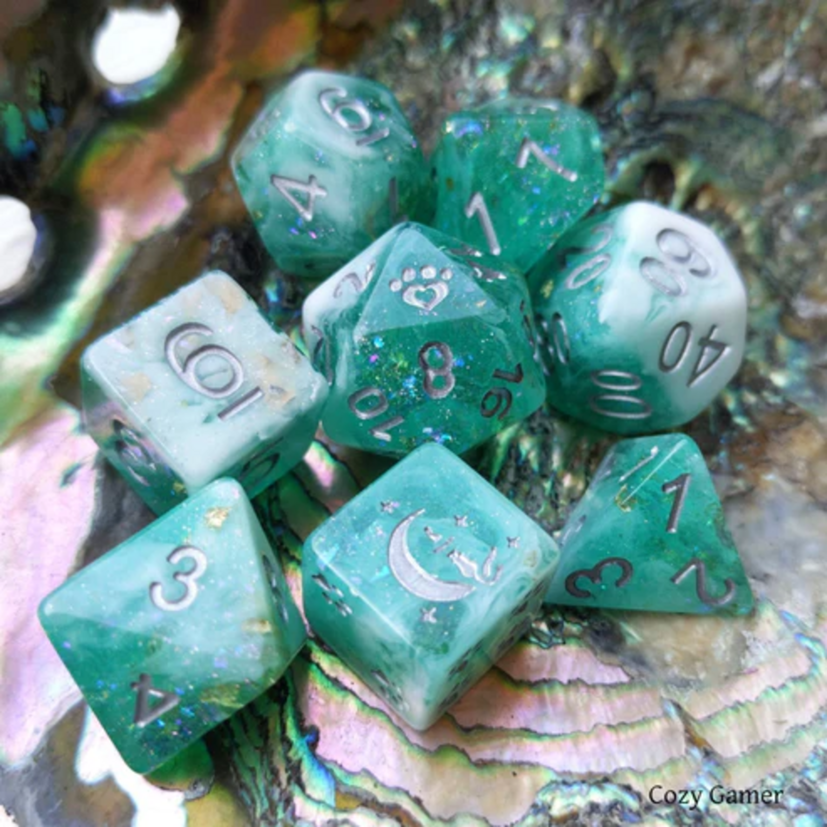 Fennek and Finch Seafoam Clear Teal Glitter Foil White Marbled Cat Wizard Polyhedral 8 die set