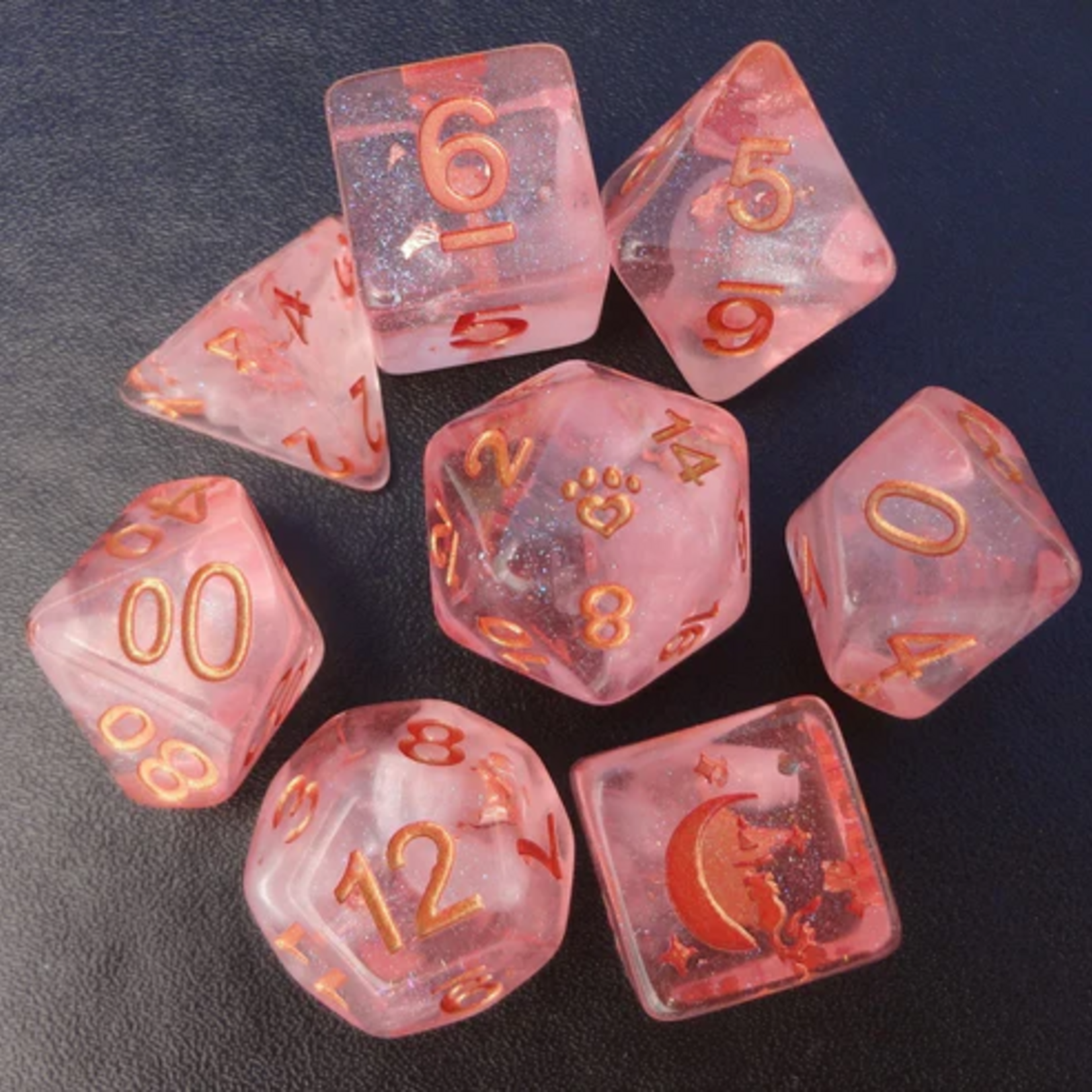 Fennek and Finch Sakura Cloud Light Pink Pearly White Clouds Copper Cat Wizard Polyhedral 8 die set