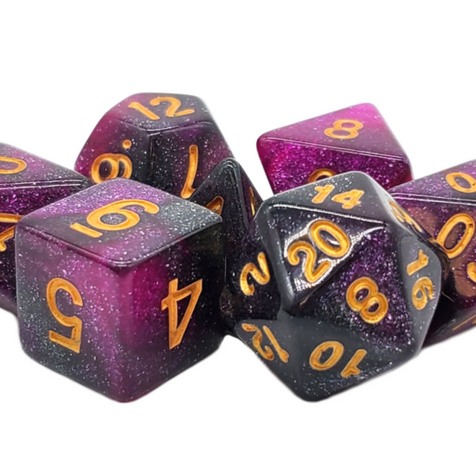 Old School Dice Old School Galaxy Purple and Black Shimmer w/ Gold RPG Dice 7 die set