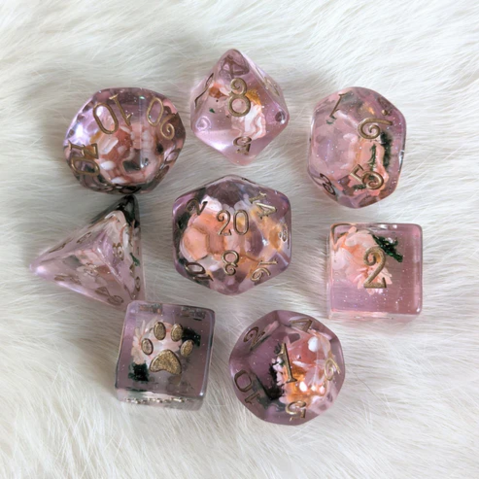 Fennek and Finch Pink Flower and Moss Polyhedral 8 die set