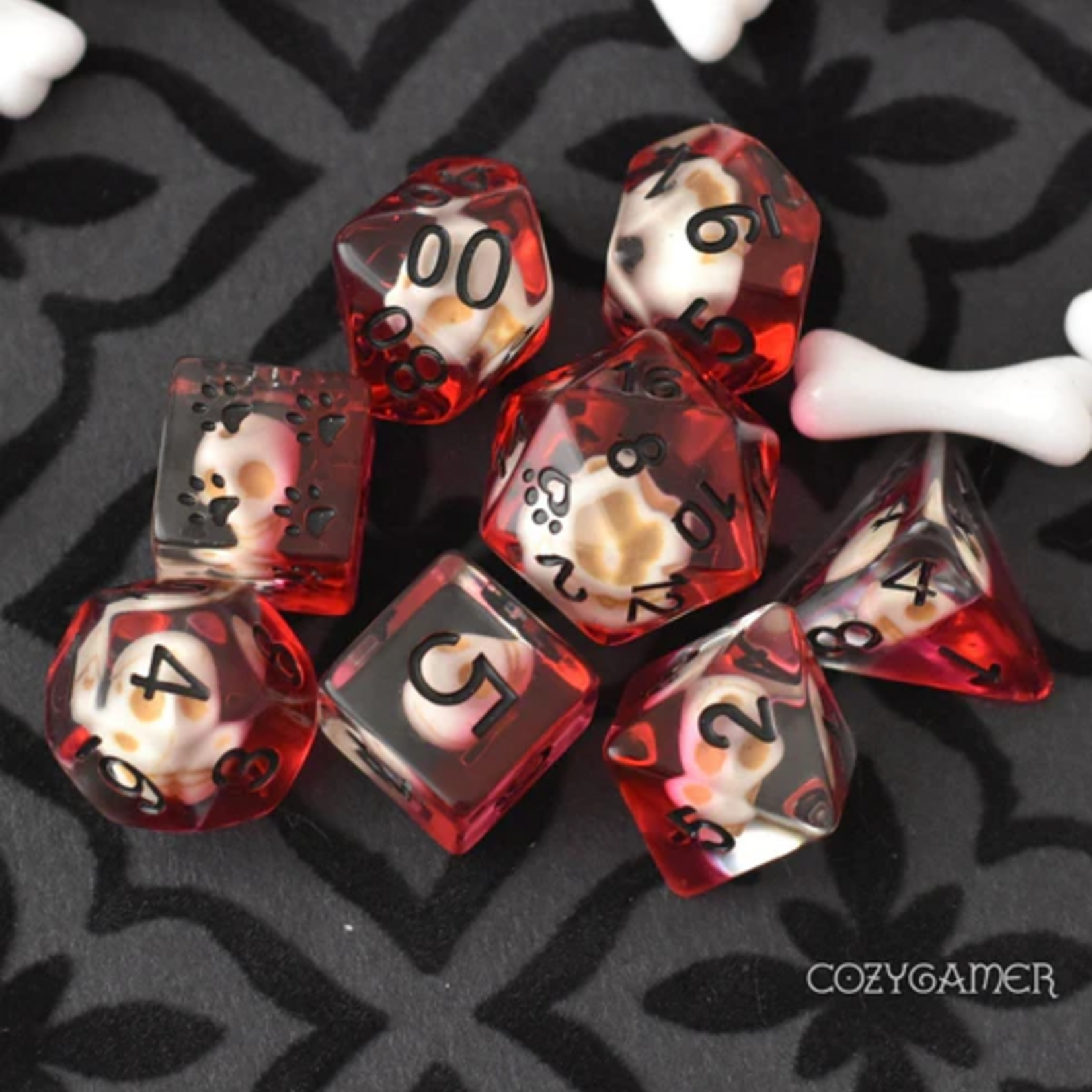 Fennek and Finch Pool of Blood and Skulls Creepy Gothic Polyhedral 8 die set
