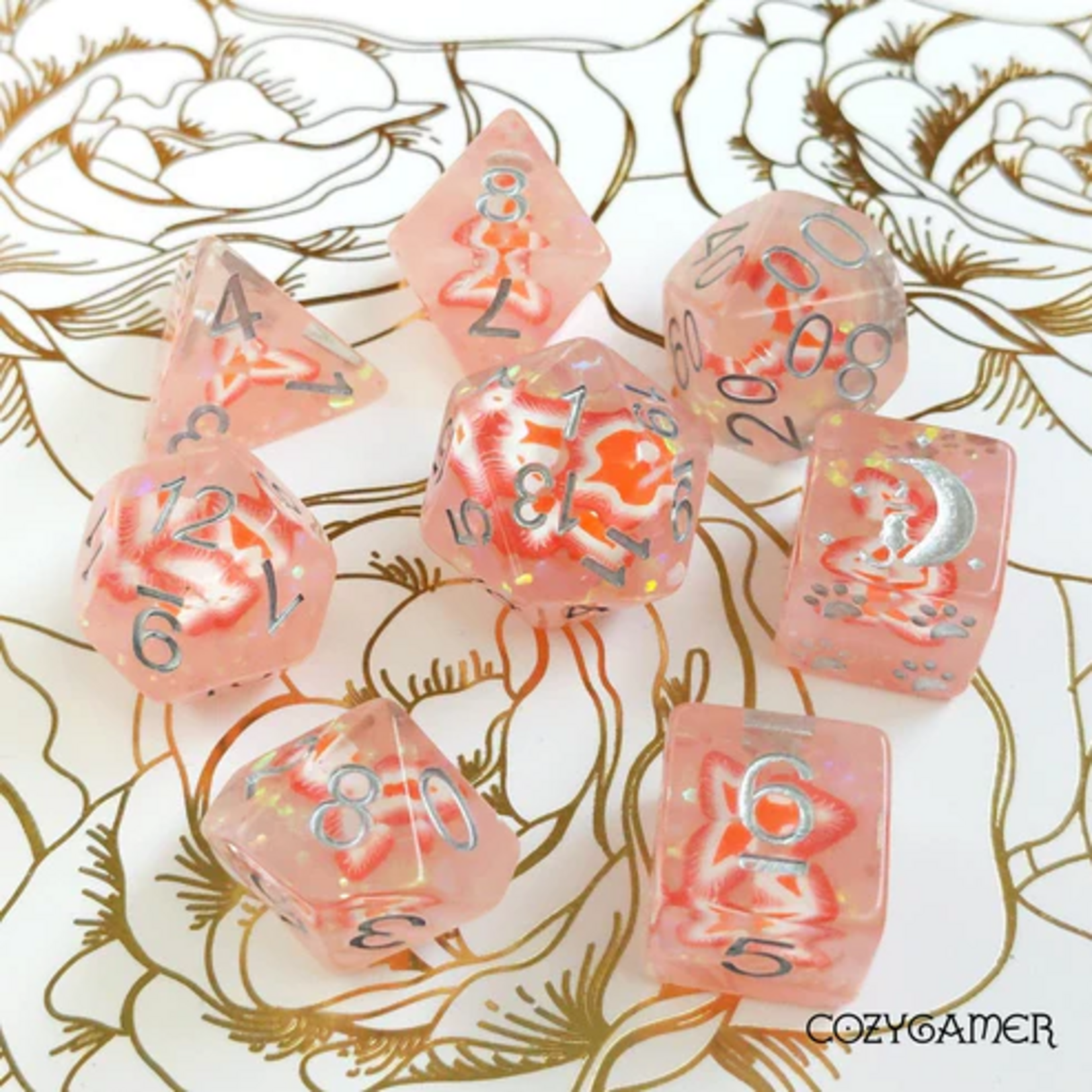 Fennek and Finch Strawberry Pink Resin w/ Clay Strawberries and Silver Numbers Polyhedral 8 die set