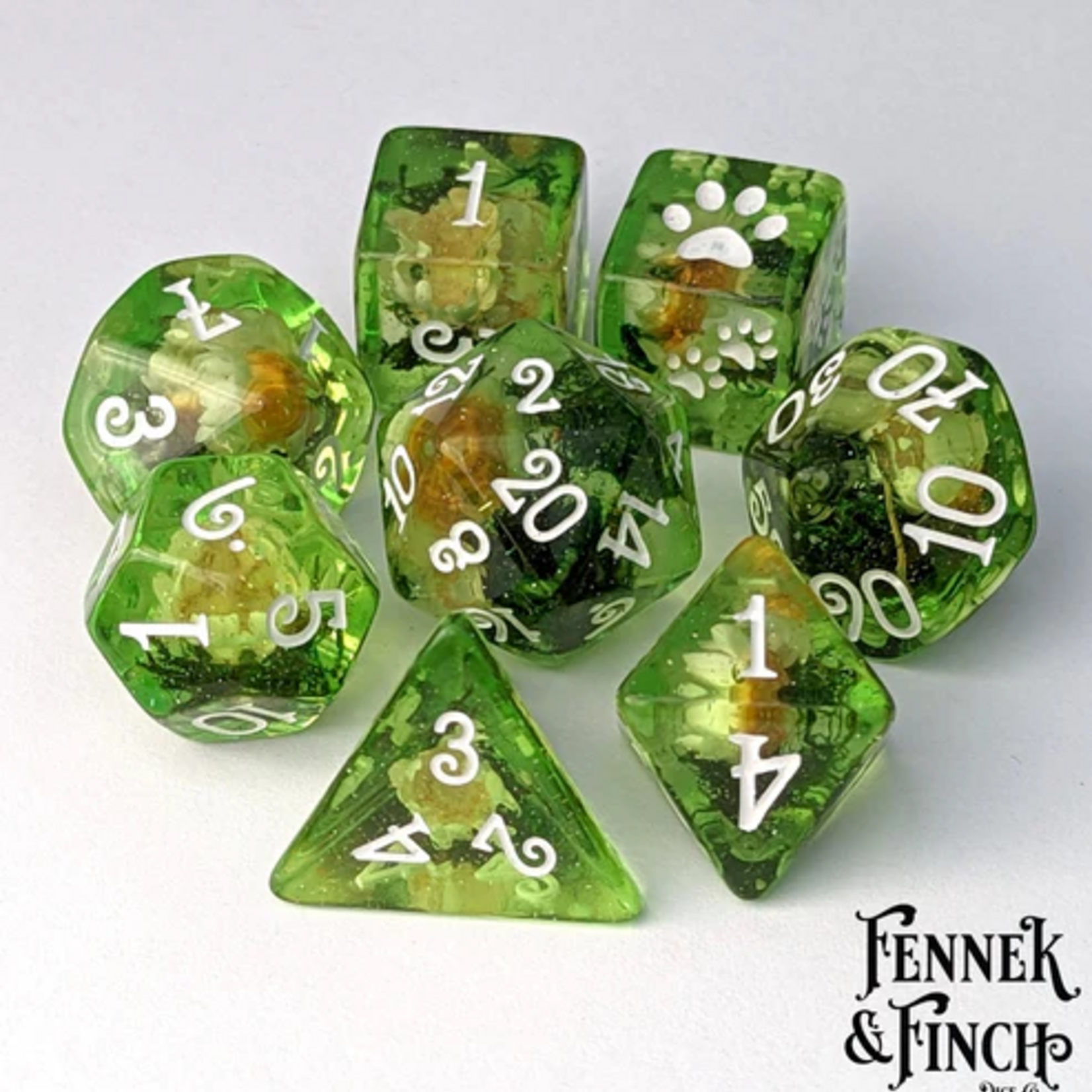 Fennek and Finch White Flowers and Moss Polyhedral 8 die set