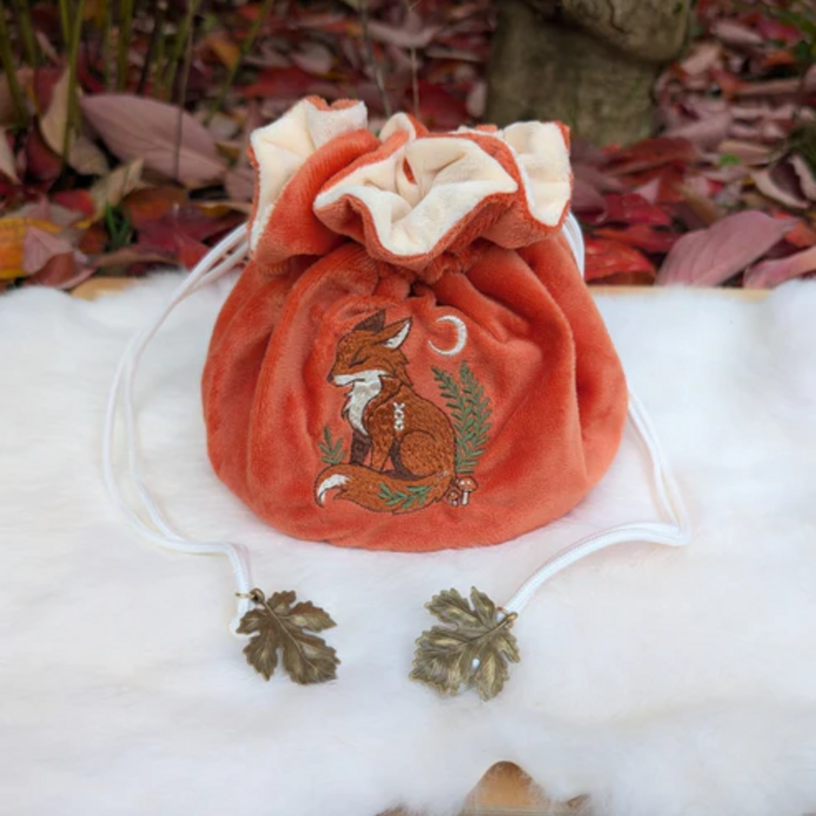Fennek and Finch Fox Plush Dice Bag Deep Red-Orange and Cream Drawstring Pouch with Embroidered Fox