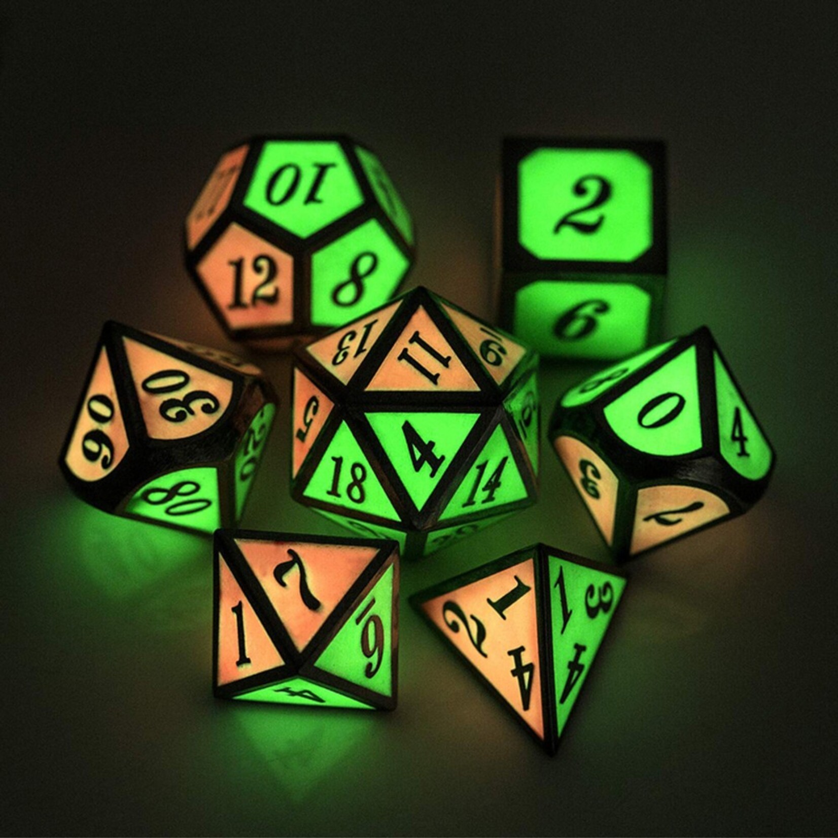 Dice Habit Dice Habit Glow in the Dark Watermelon Pink / Green with Silver Metal Polyhedral 7 die set