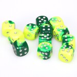 Chessex Chessex Gemini Green / Yellow with Silver 16 mm d6 12 die set
