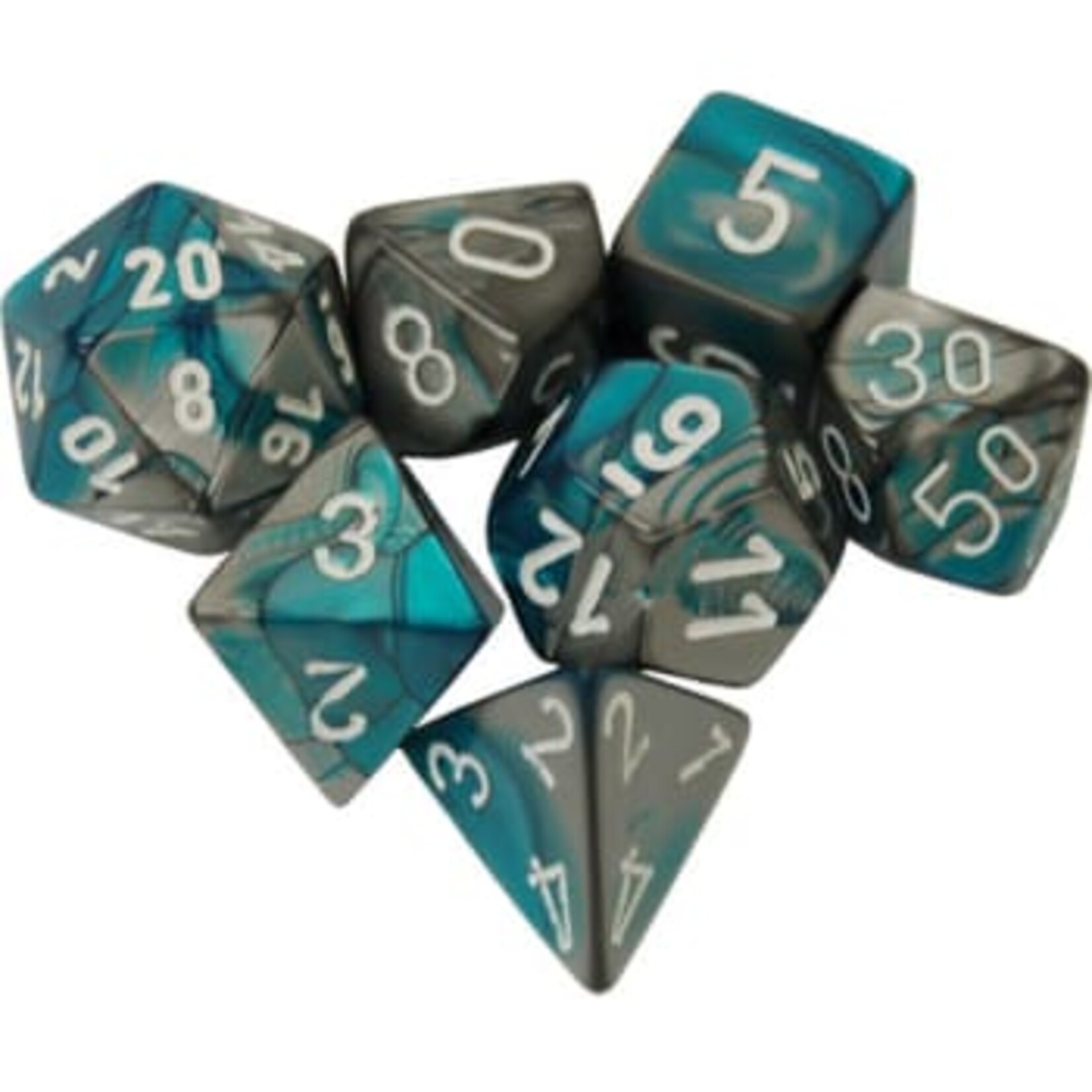 Chessex Chessex Gemini Mini Steel and Teal w/ White Polyhedral 7 die set