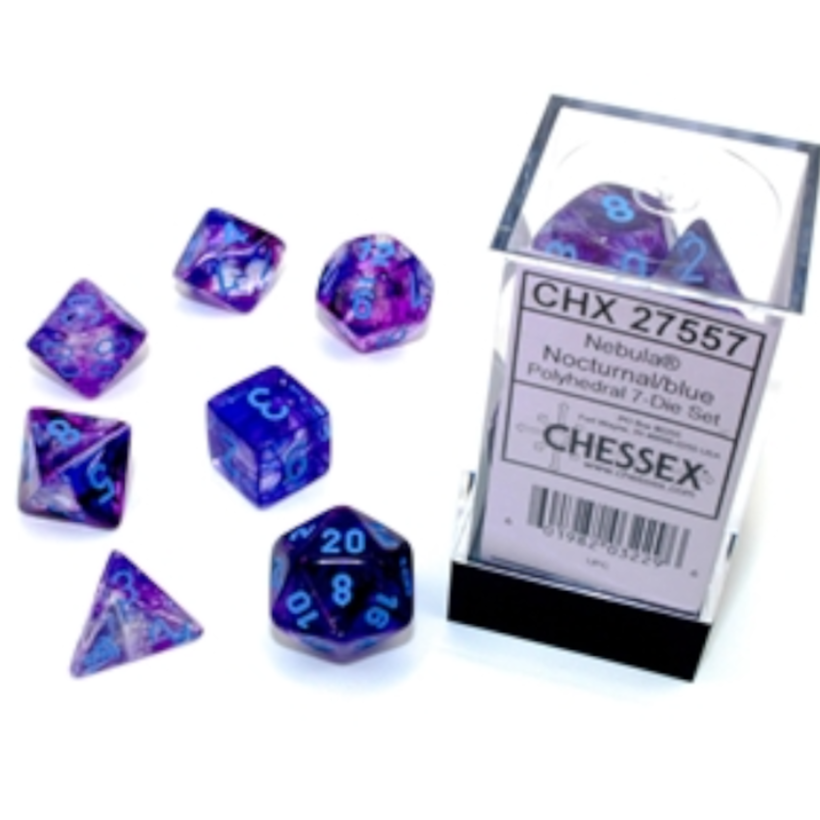 Chessex Chessex Nebula Nocturnal with Blue Luminary Polyhedral 7 die set