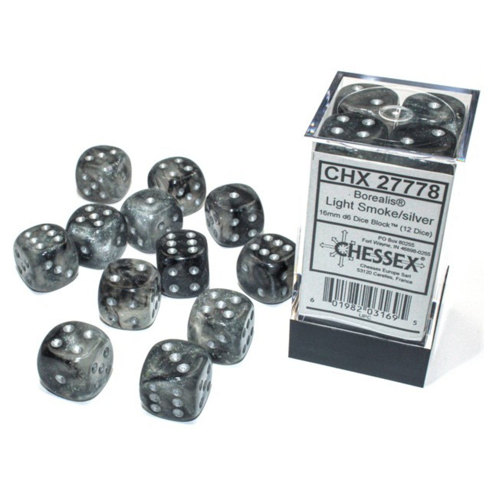 Chessex Chessex Borealis Light Smoke with Silver Luminary 16 mm d6 12 die set