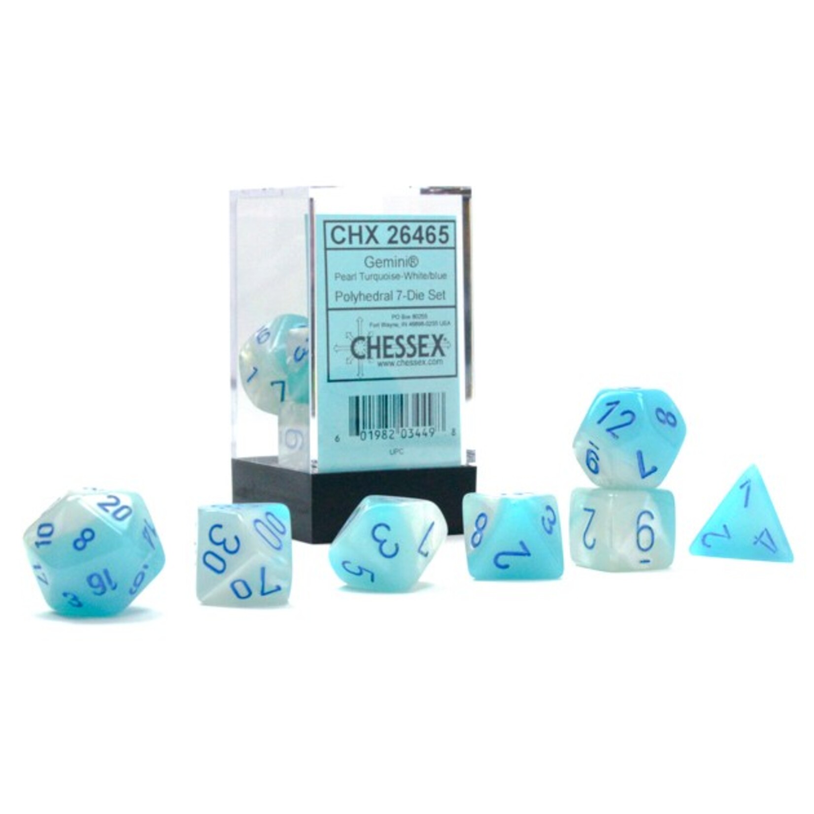 Chessex Chessex Gemini Poly Pearl Turquoise / White with Blue Luminary Polyhedral 7 die set