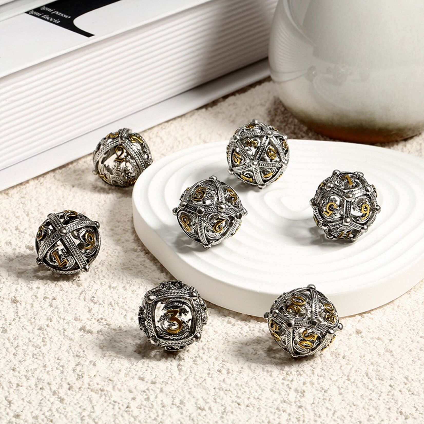 Dice Habit Dice Habit Hollow Orb Dice Set Dragon Silver and Gold Polyhedral 7 die set