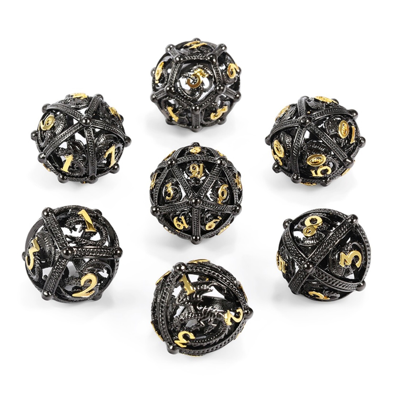 Dice Habit Dice Habit Hollow Orb Dice Set Dragon Black and Gold Polyhedral 7 die set