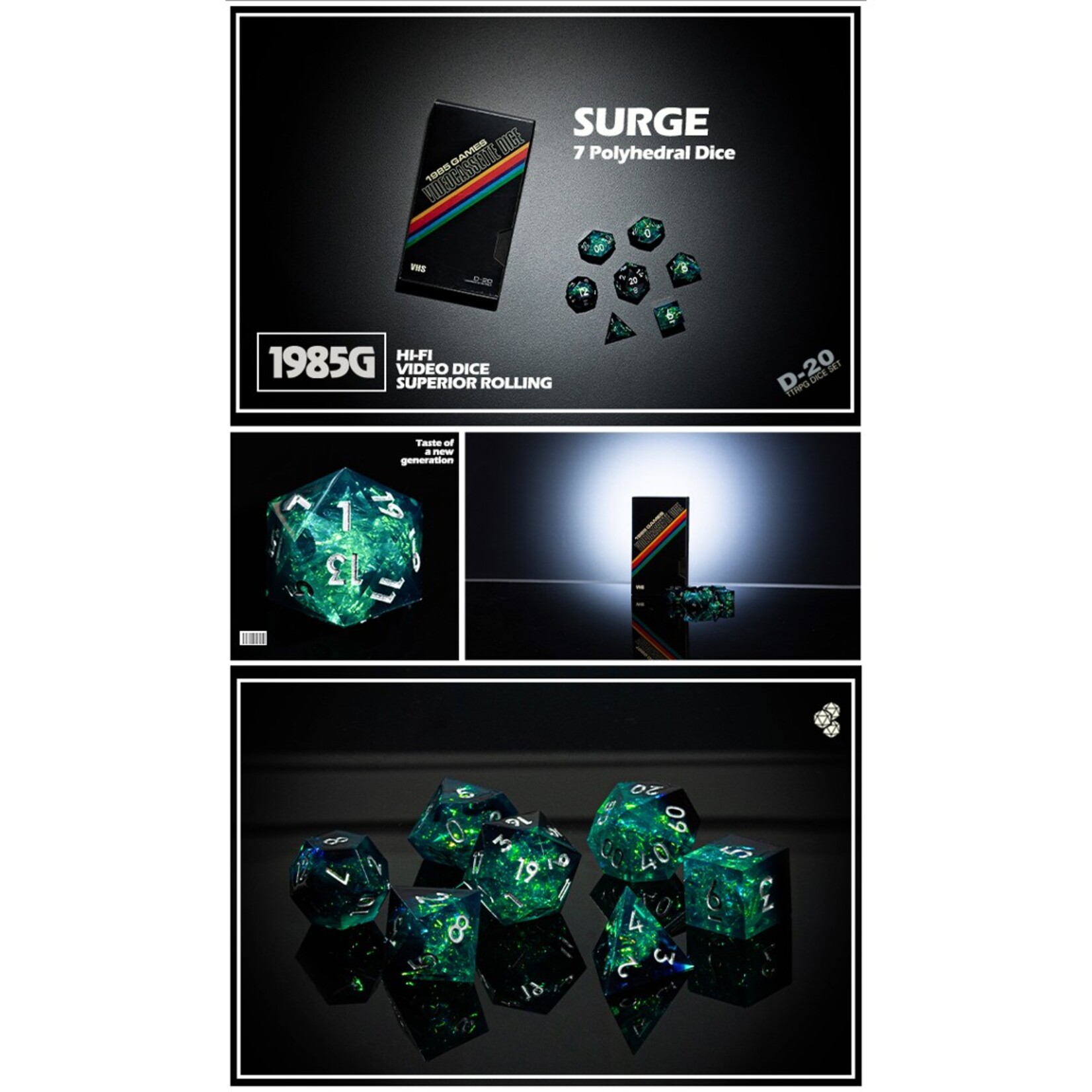 1985 Games 1985 VHS Surge Sharp Edge Dice Polyhedral 7 die set