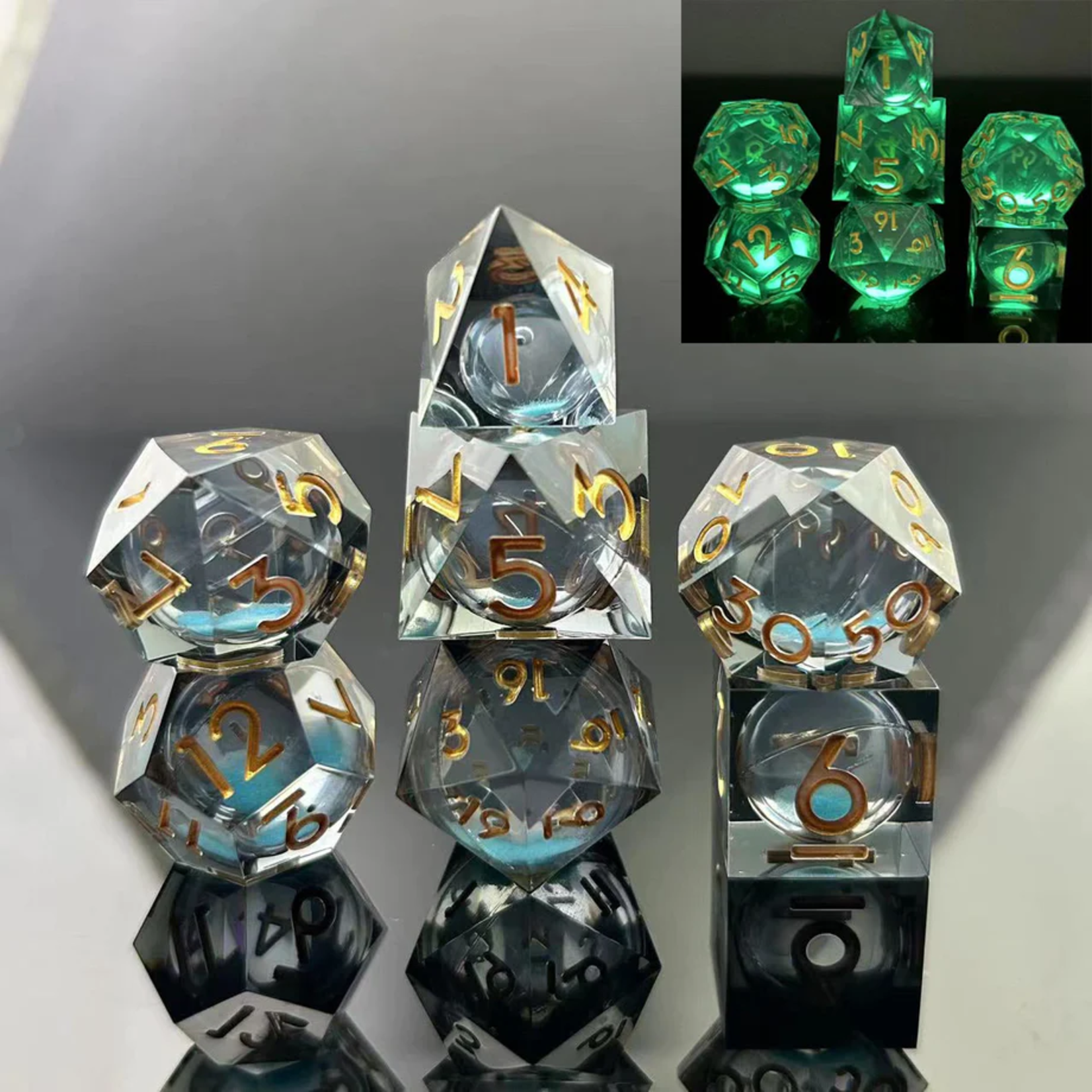 Foam Brain Games Sharp Edge Glow in the Dark Liquid Core Blue Specter Resin RPG Dice 7 die set