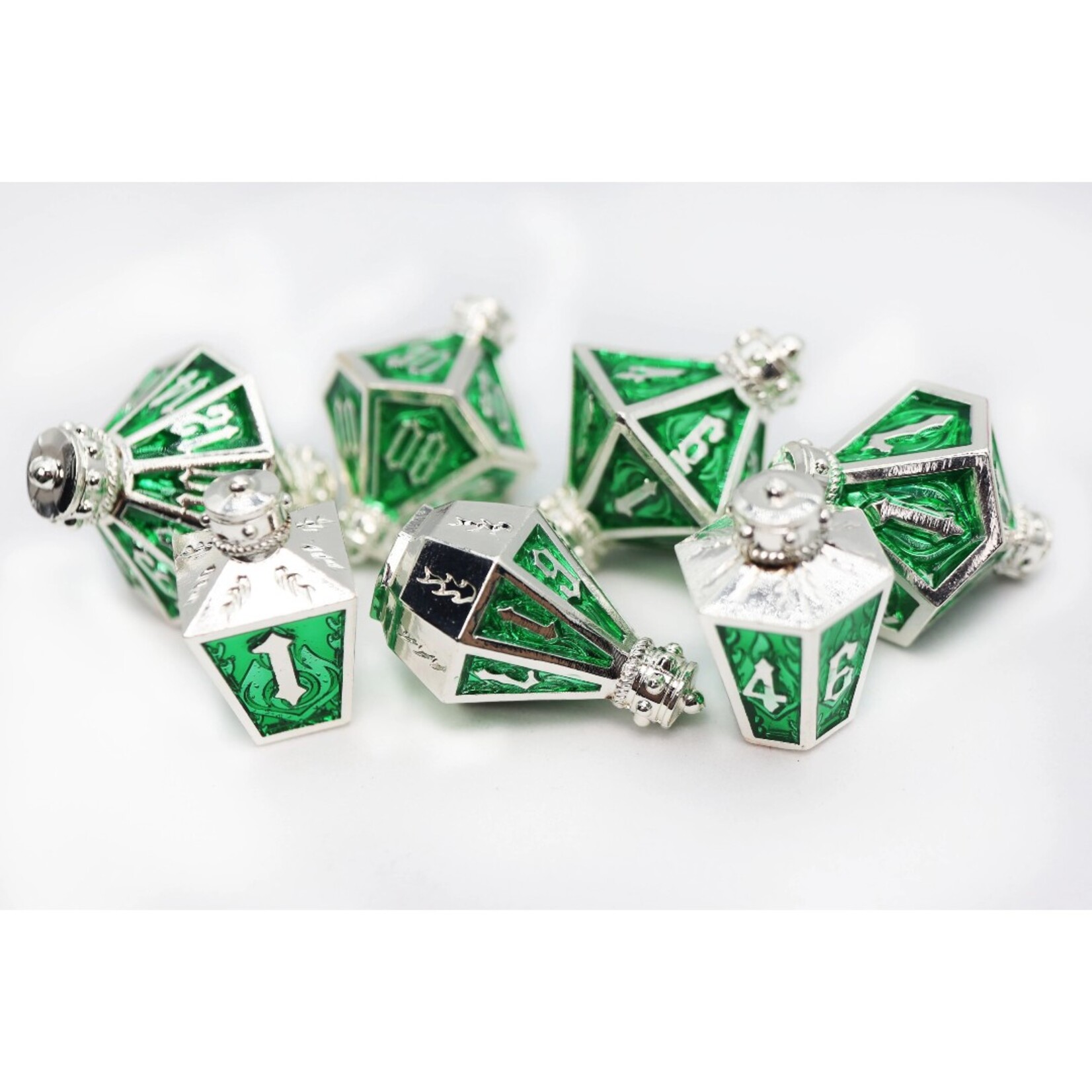 Foam Brain Games Moonlit Lantern Silvered Acidfire Metal RPG dice 7 die set