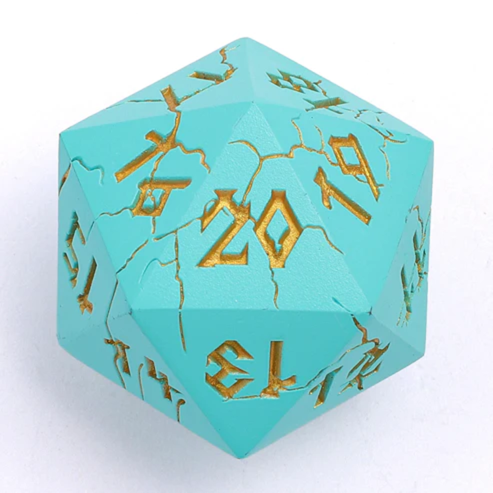 HYMGHO Hymgho Solid Metal Barbarian Turquoise w/ Gold Single d20 Spindown 35 mm