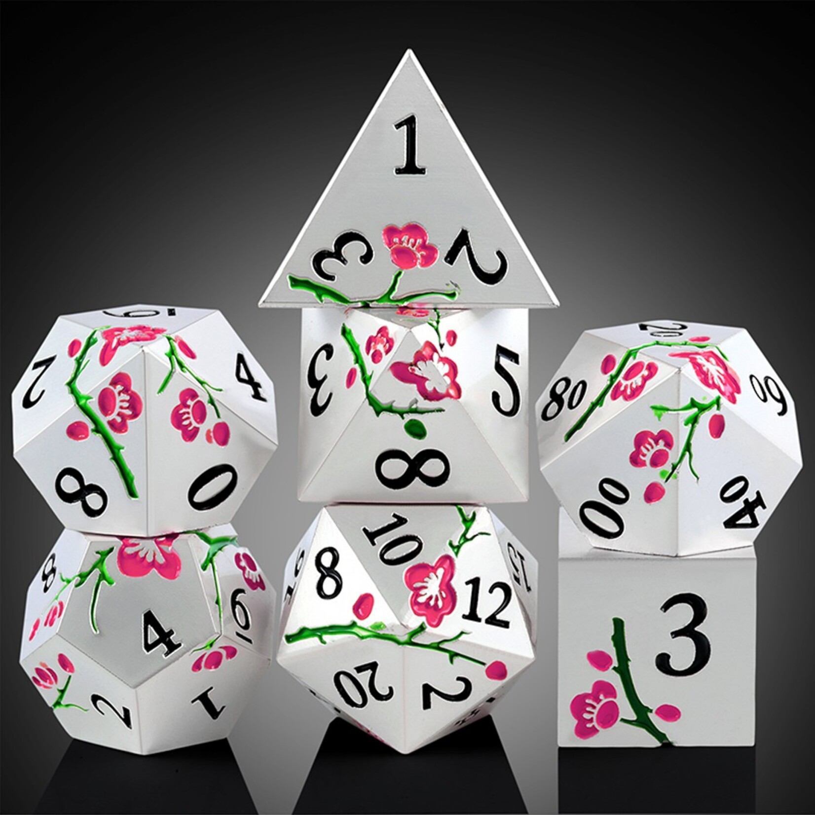 Dice Habit Dice Habit Sakura Silver and Pink GLOW Metal and Enamel Polyhedral 7 die set