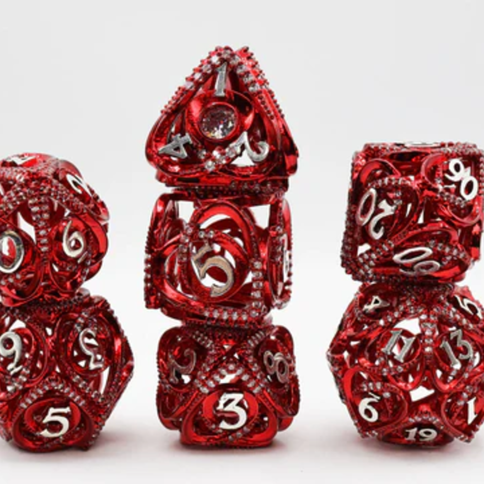 Foam Brain Games Hollow Hearts Jeweled Red Metal RPG dice 7 die set