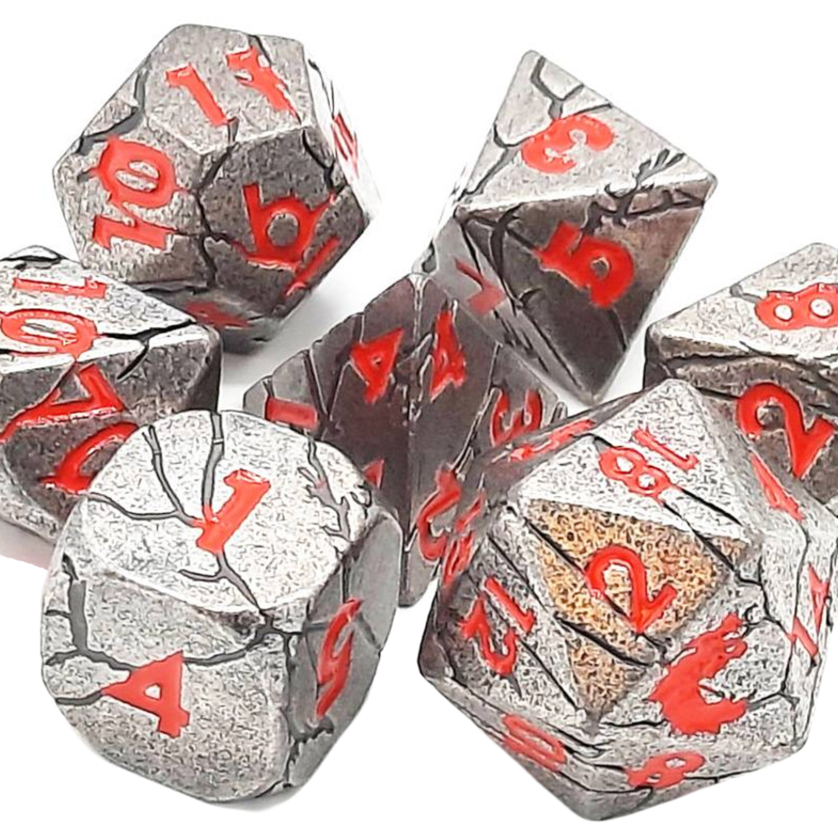 Old School Dice Old School Orc Forged Ancient Silver w/ Red Metal RPG Dice 7 die Set