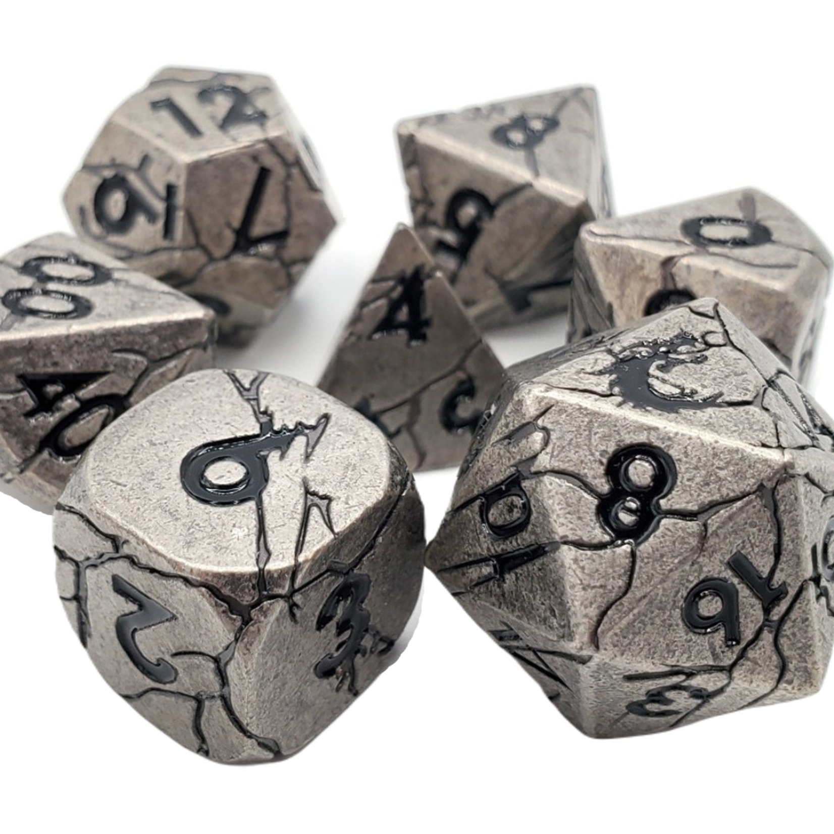 Old School Dice Old School Orc Forged Ancient Silver w/ Black Metal RPG Dice 7 die Set