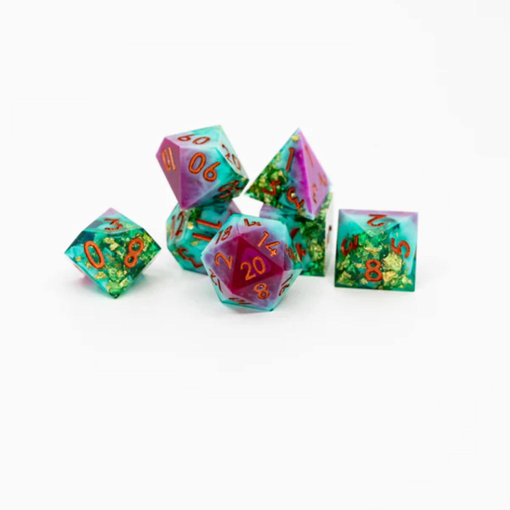 Ember Glow Ember Glow Sharp Edge Sun Melon Polyhedral 7 die set