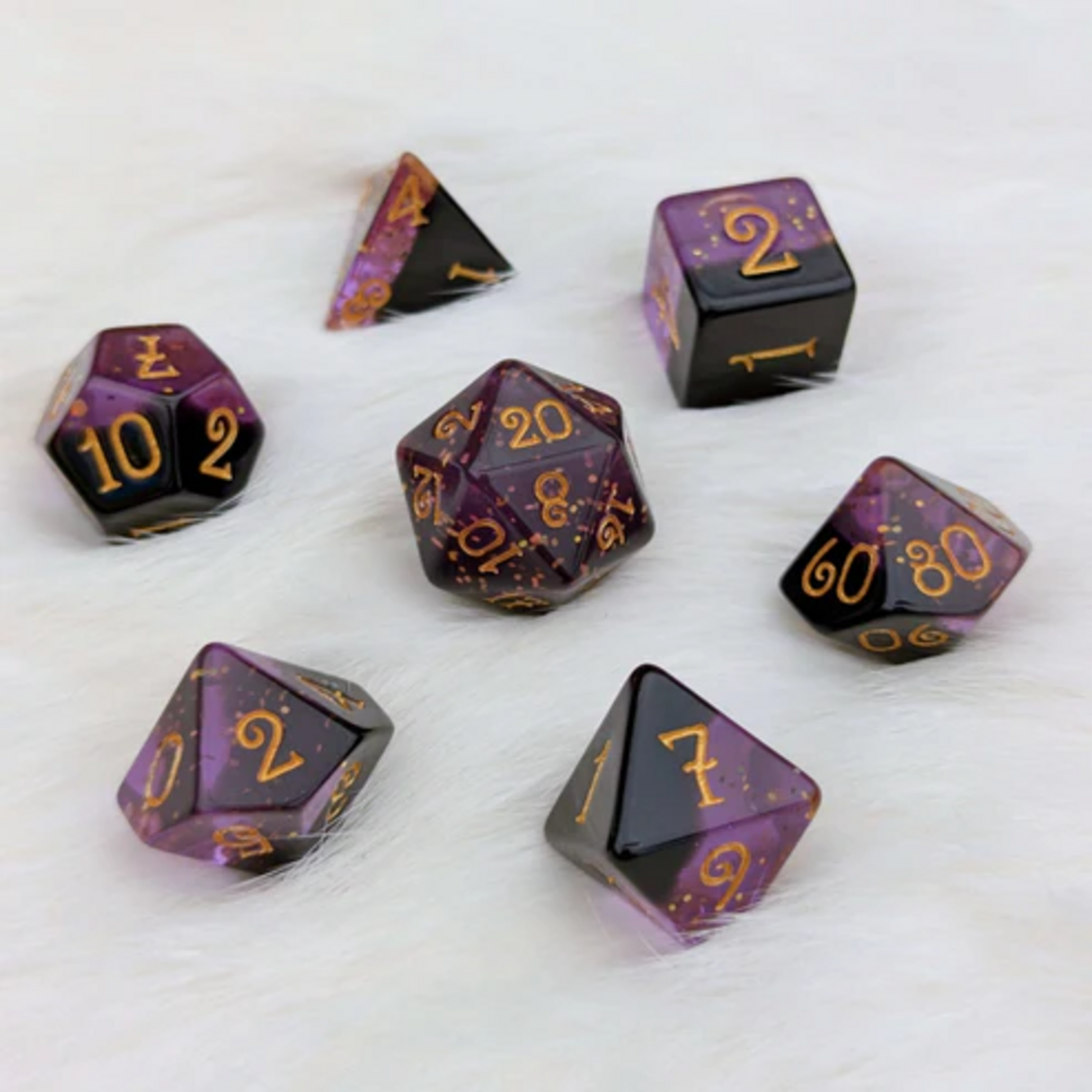 Fennek and Finch Shadow Magic Layered Purple and Black w/ Gold Glitter Polyhedral 7 die set