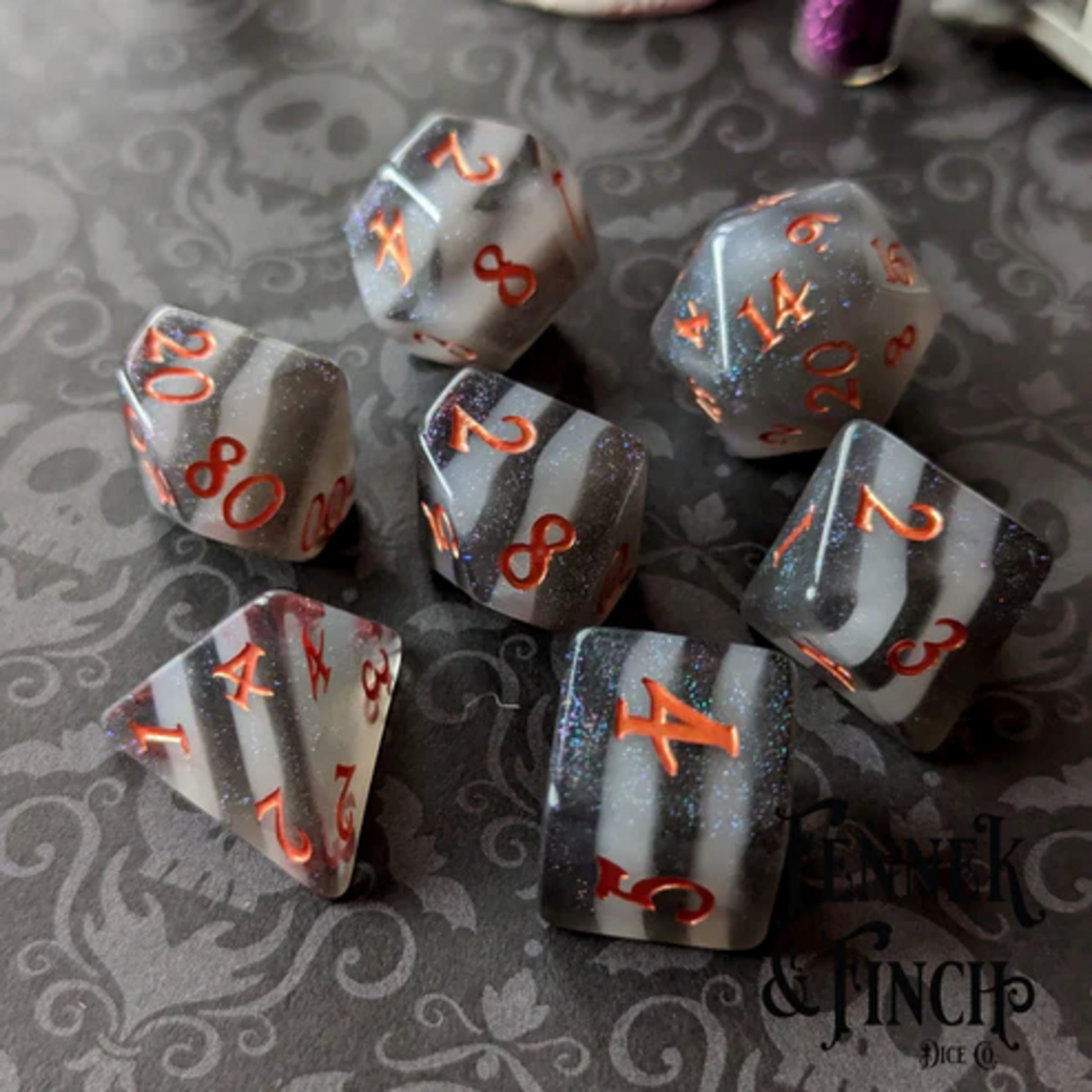 Fennek and Finch Black and White Stripe Polyhedral 7 die set