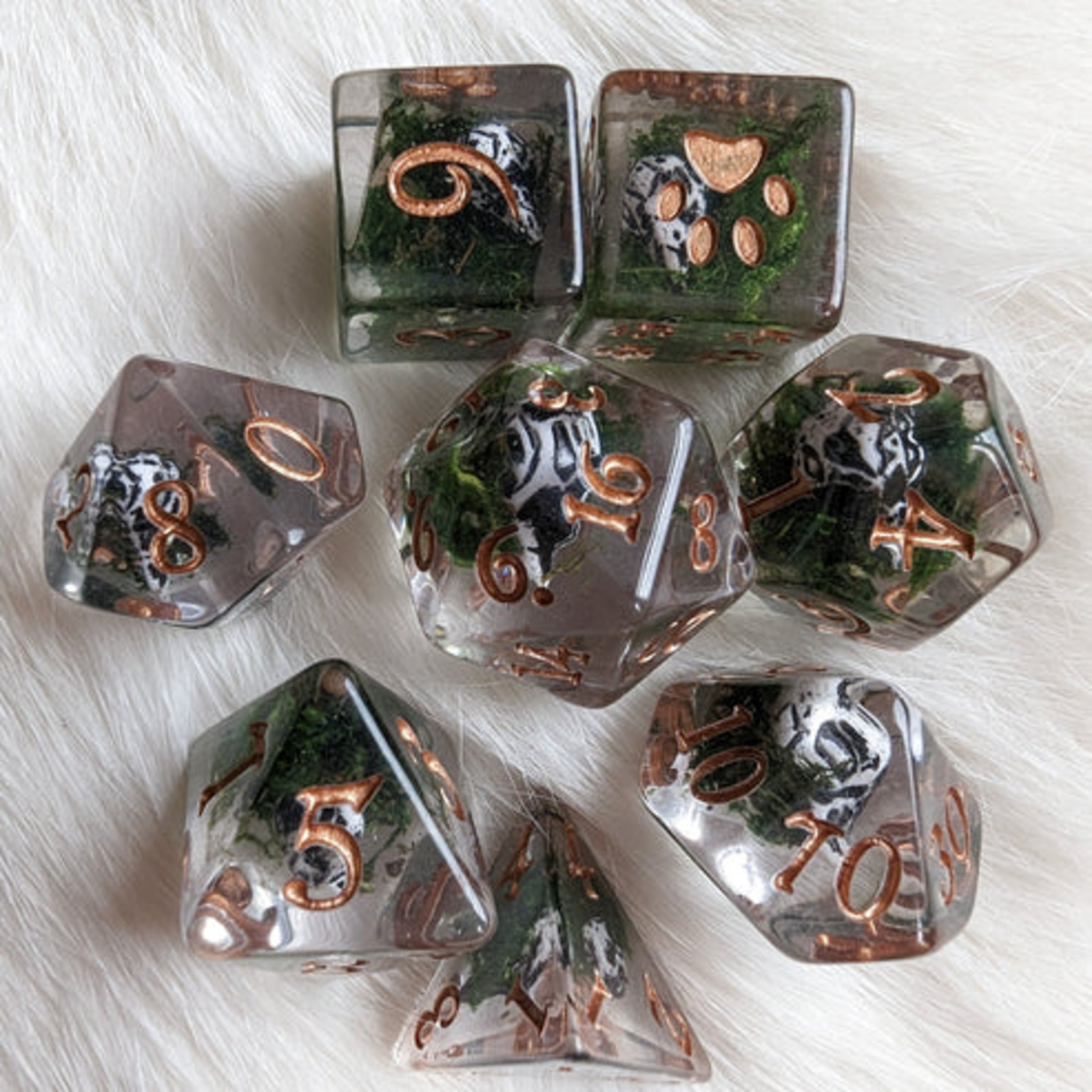 Fennek and Finch Runed Raven Skull and Moss Polyhedral 8 die set