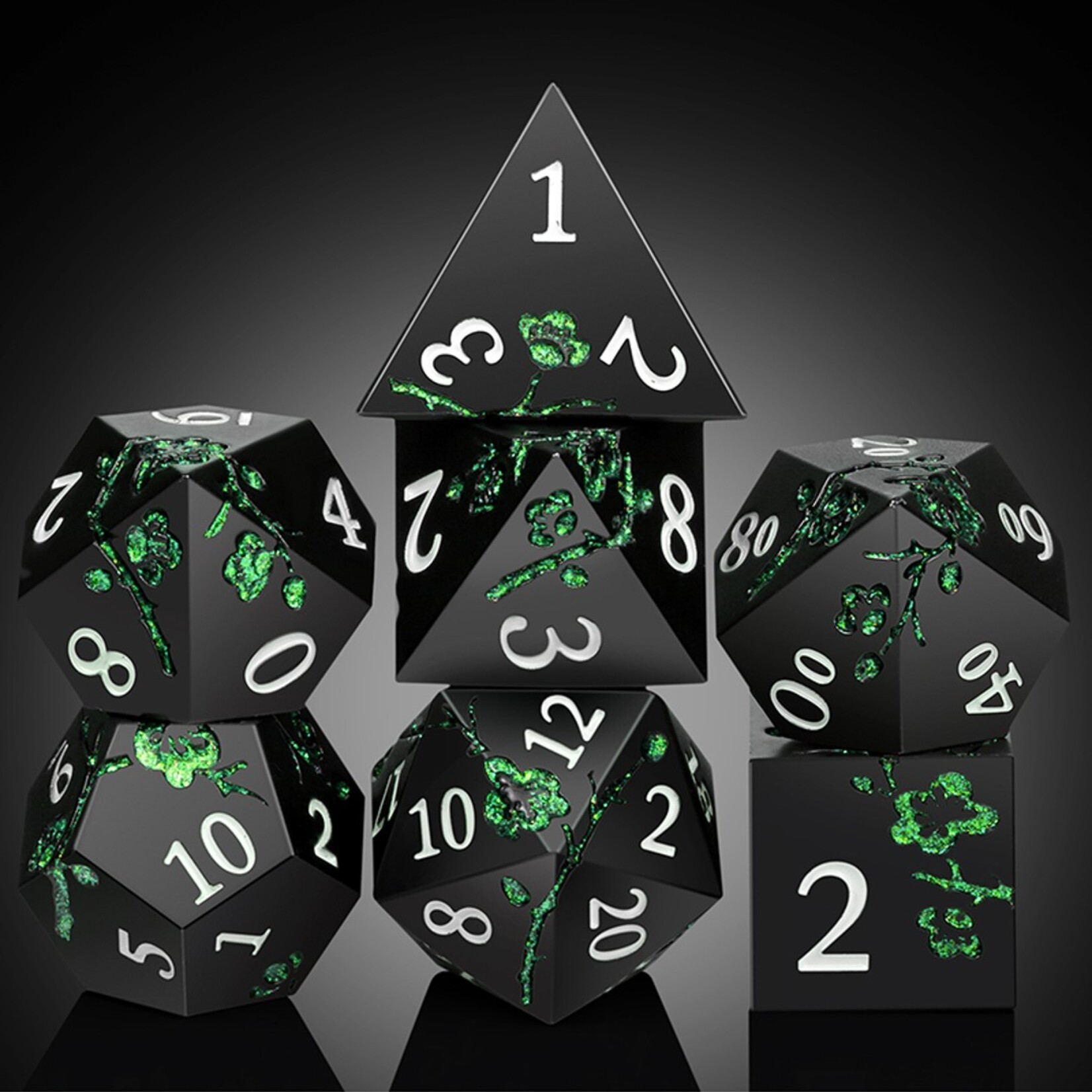 Dice Habit Dice Habit Sakura Black and Green Metal and Enamel Polyhedral 7 die set